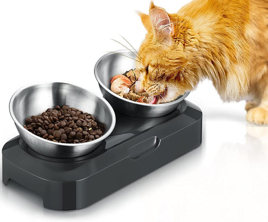 PewinGo Raised Cat Bowl with Stainless Steel, Easy to Clean & Non-Slip Silicone Mat Cat Feeder with 0 &15° Tilting Neck Protective Bowl for Pets, Cats and Puppies Food and Water Feeding - Comfort Style