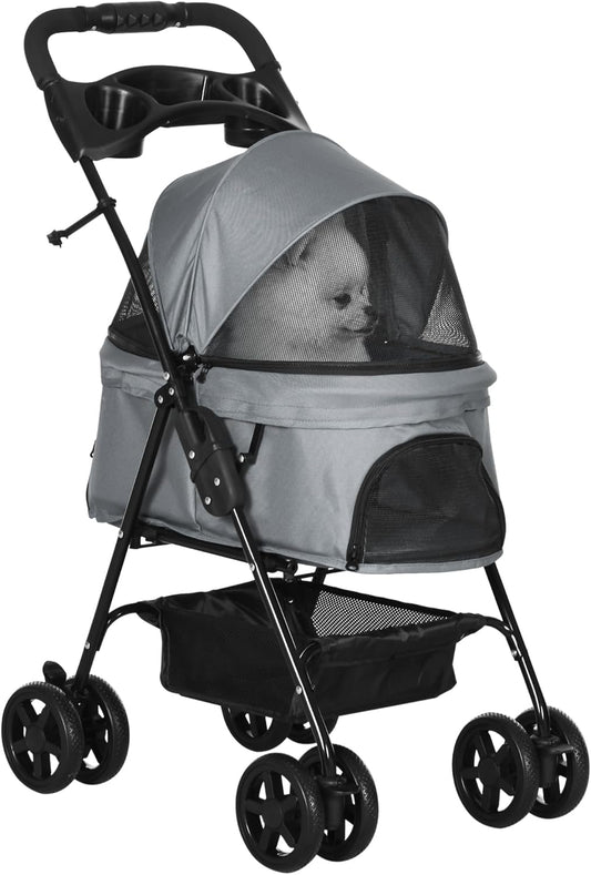 PawHut Dog Pram Dog Stroller Foldable Pet Pushchair with 4 Wheels, Safety Leashes, Cup Holder for Small Dogs, Grey
