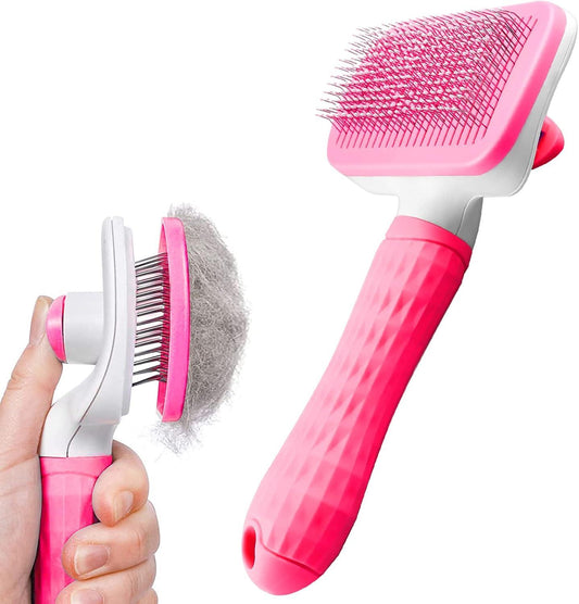 Dog Brush Cat Brush Grooming Comb,Self Cleaning Cat Dog Slicker Brushes with Smooth handle,Pet Grooming Tool with Cleaning Button for Cat Dog Shedding Brush Cat Dog Massage Clean Tangled Brush(Grey) - Comfort Style