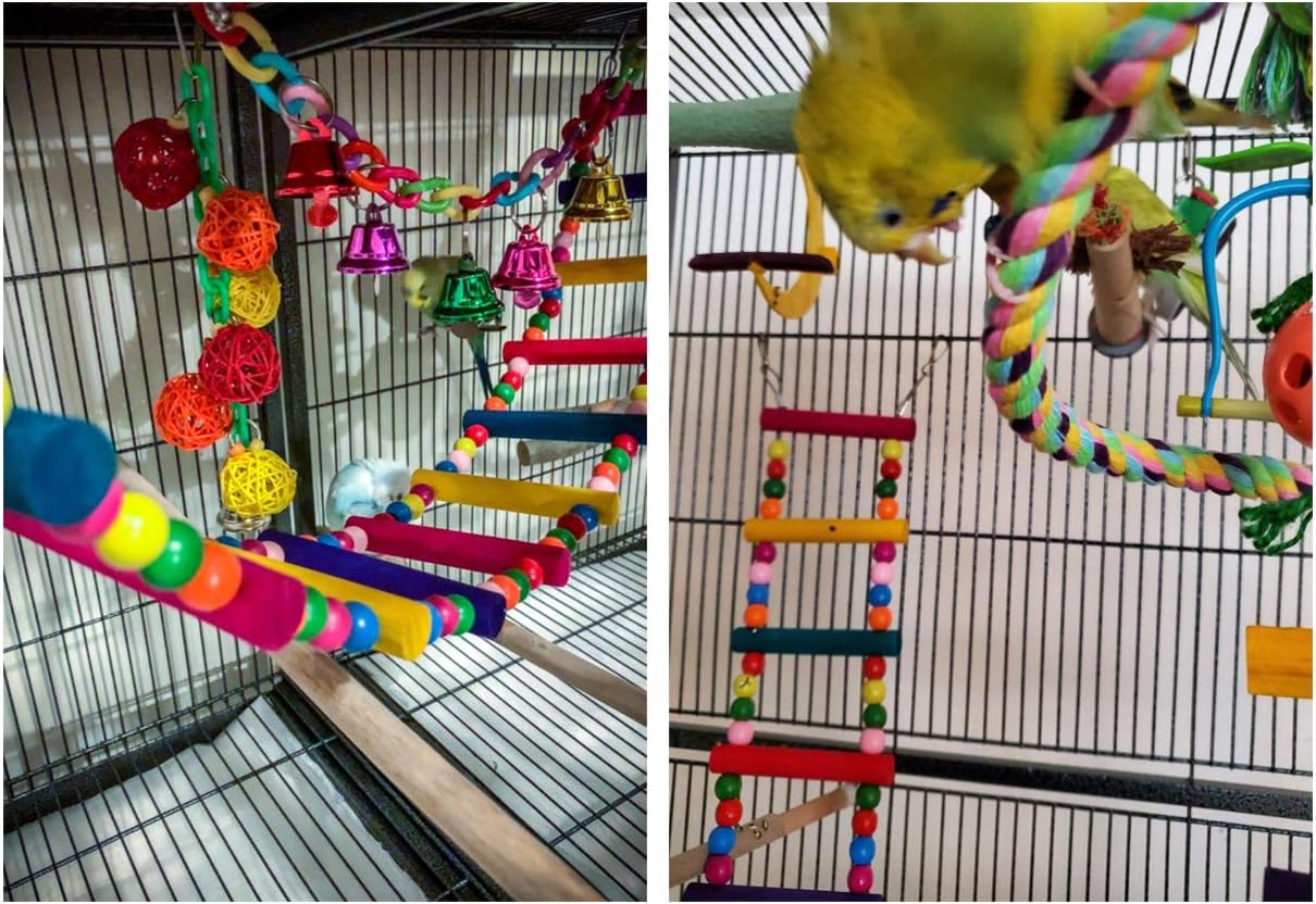 SCSpecial Bird Ladder Toys Coloured Flexible Parrot Swing Bridge Wooden Cockatiel Cage Hanging Climbing Ladder (27.6 in (12 Steps)) - Comfort Style