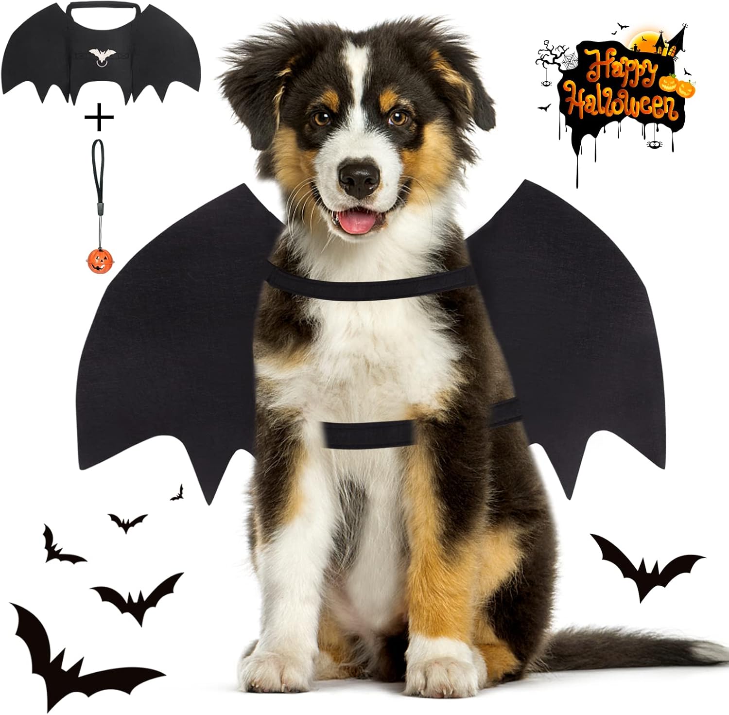 Vivifying Dog Bat Wings, Dog Halloween Costumes for Medium Dogs with Pumpkin Bell, Adjustable Pet Cosplay Costumes(Neck：12.6-20.5 in/Chest：13.5-24.4 in)