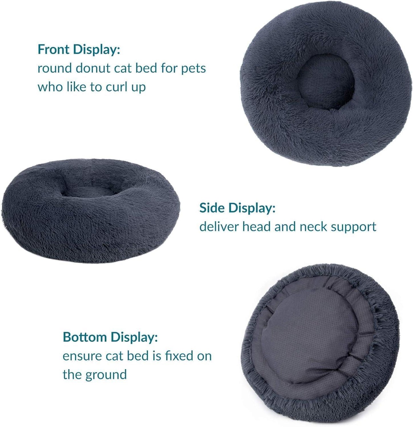 Bedsure Dog Bed Donut Bed - Washable Cat Beds for Indoor Cats Large, Fluffy Calming Kitten Bed for Small Dog and Puppy, Grey, 50x50x16cm - Comfort Style