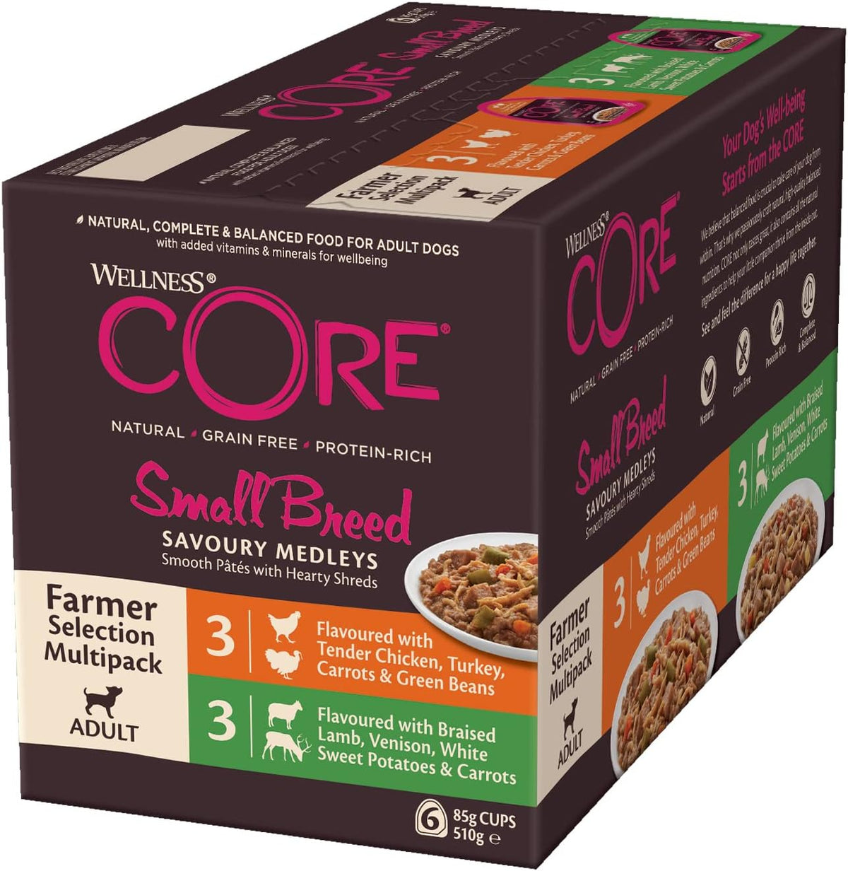 Wellness CORE Small Breed Savoury Medleys, Wet Dog Food Small Dogs, Dog Food Wet Smaller Breed, Grain Free, High Meat Content, Farmer Selection Mix, 85 G (Pack Of 6) - Comfort Style
