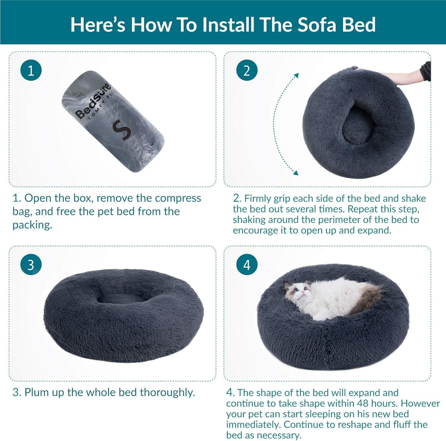 Bedsure Dog Bed Donut Bed - Washable Cat Beds for Indoor Cats Large, Fluffy Calming Kitten Bed for Small Dog and Puppy, Grey, 50x50x16cm - Comfort Style