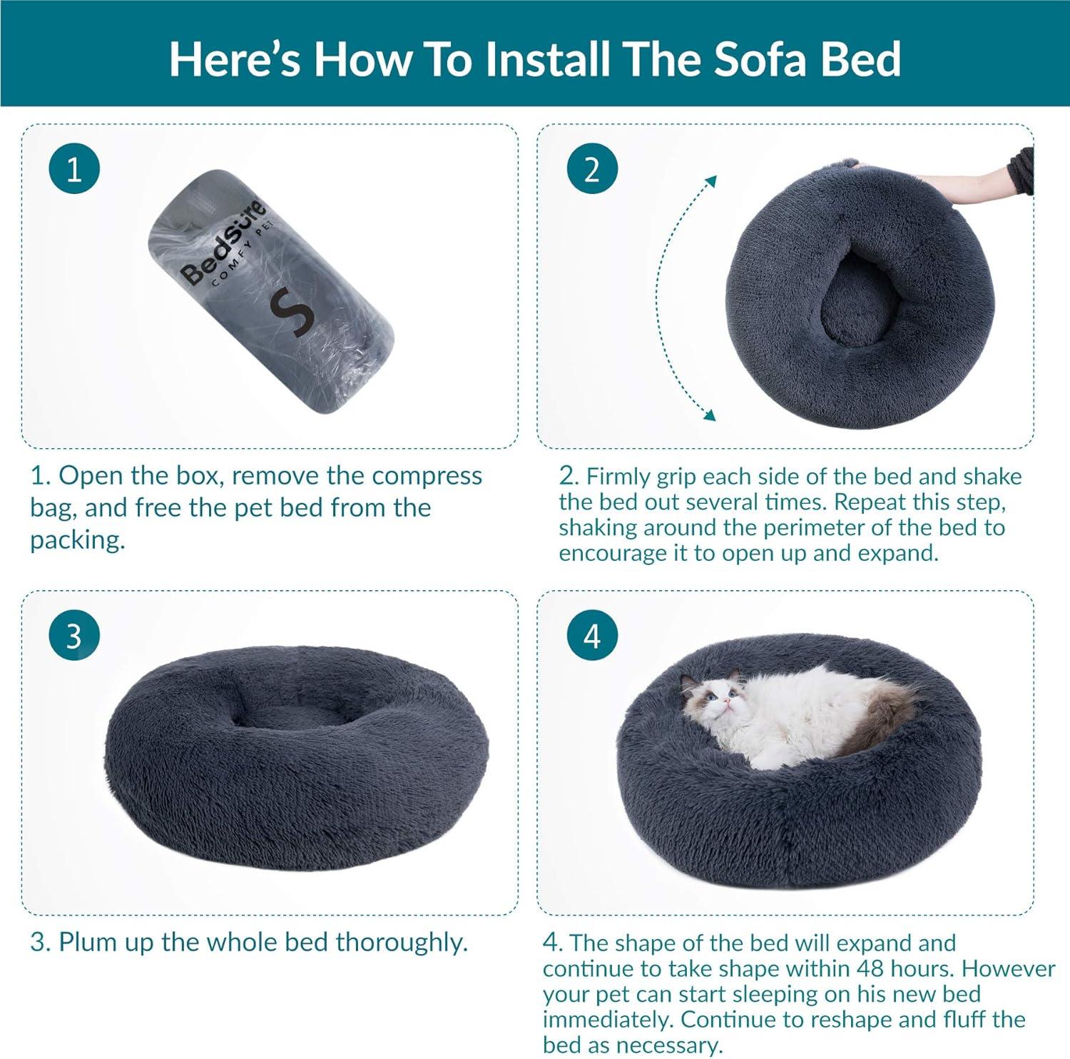 Bedsure Dog Bed Donut Bed - Washable Cat Beds for Indoor Cats Large, Fluffy Calming Kitten Bed for Small Dog and Puppy, Grey, 50x50x16cm - Comfort Style