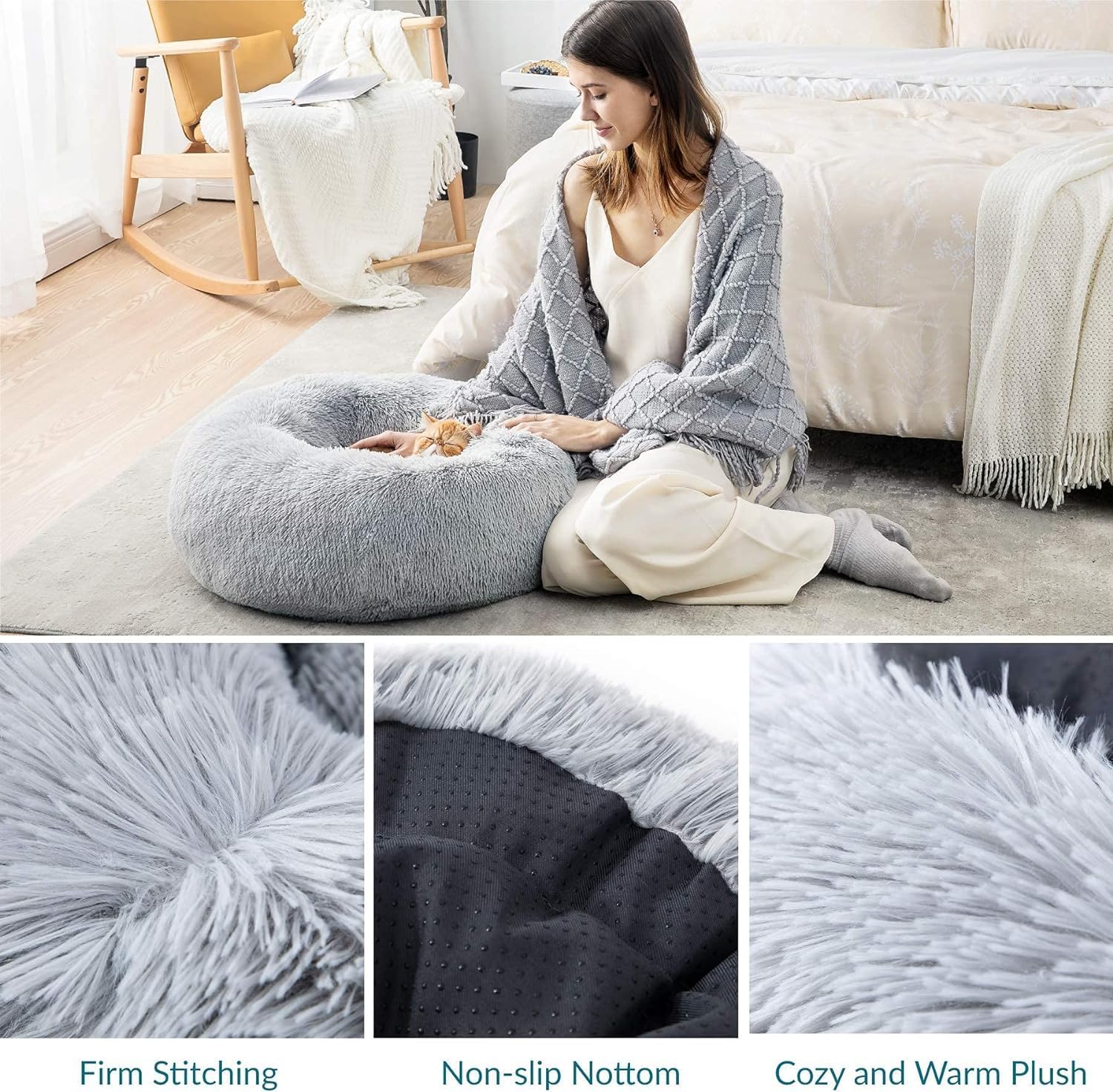 Bedsure Dog Bed Donut Bed - Washable Cat Beds for Indoor Cats Large, Fluffy Calming Kitten Bed for Small Dog and Puppy, Grey, 50x50x16cm - Comfort Style