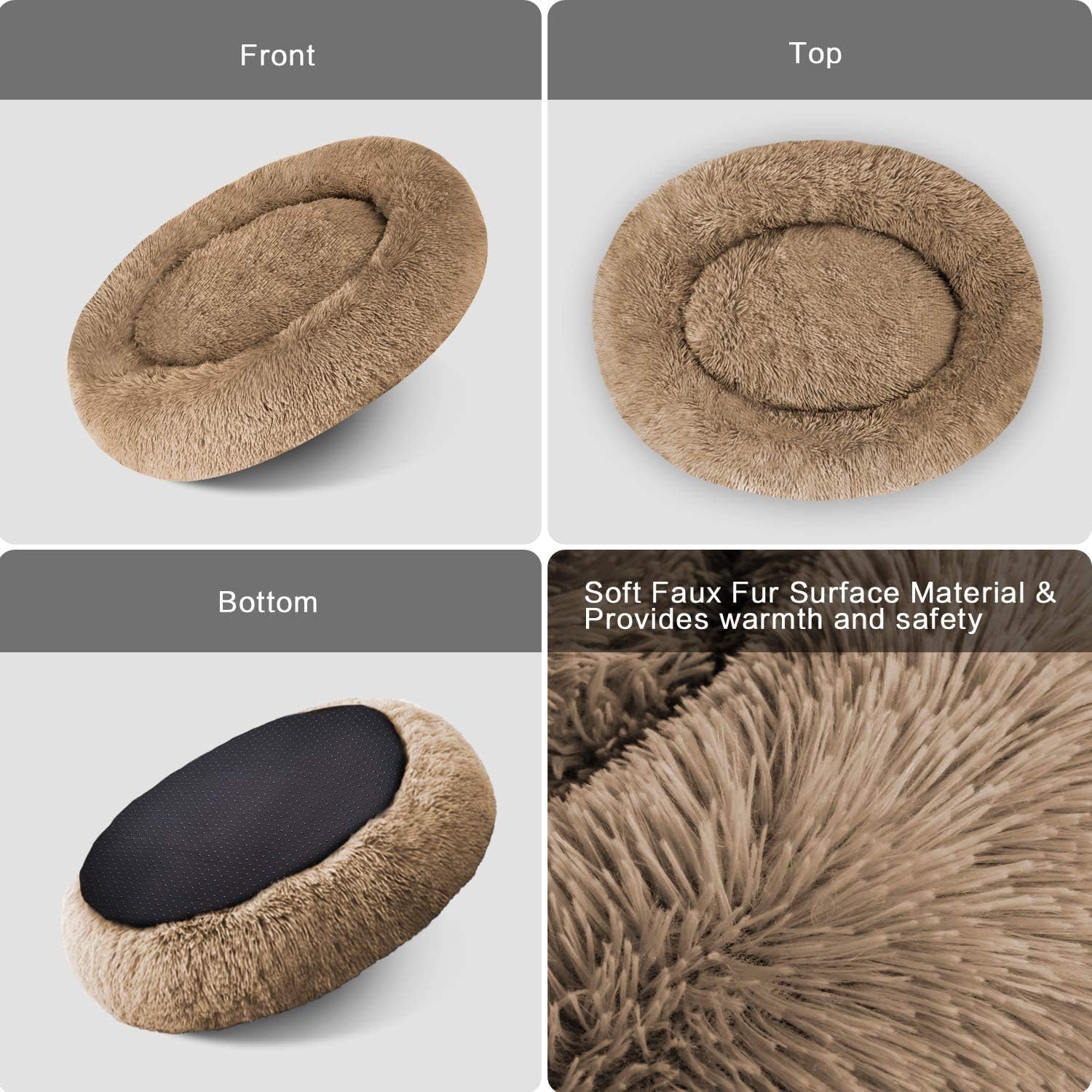 MFOX Calming Dog Bed Cat Bed Donut, Faux Fur Donut Cuddler Washable Self-Warming Pet Bed, Large Round Plush Dog Bed for Small/Medium/Large Dogs(60cm/80cm/90cm/110cm) - Comfort Style