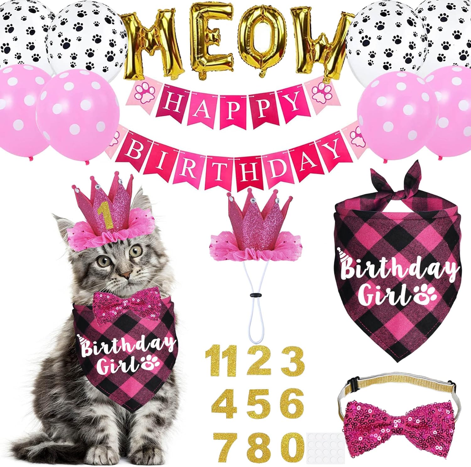 JOTFA Cat Birthday Party Supplies, Kitten Bandana with Hat Bow Tie Number Banner Balloons Meow Letter for Decorations, Blue - Comfort Style