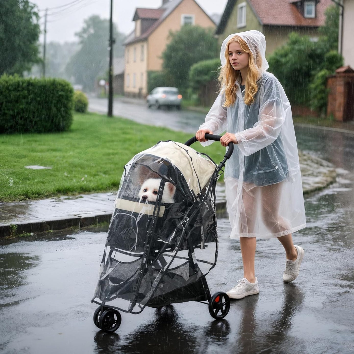 PawHut Dog Pram with Rain Cover Pet Stroller, Foldable Dog Pushchair for Small and Miniature Dogs, Cats - Khaki