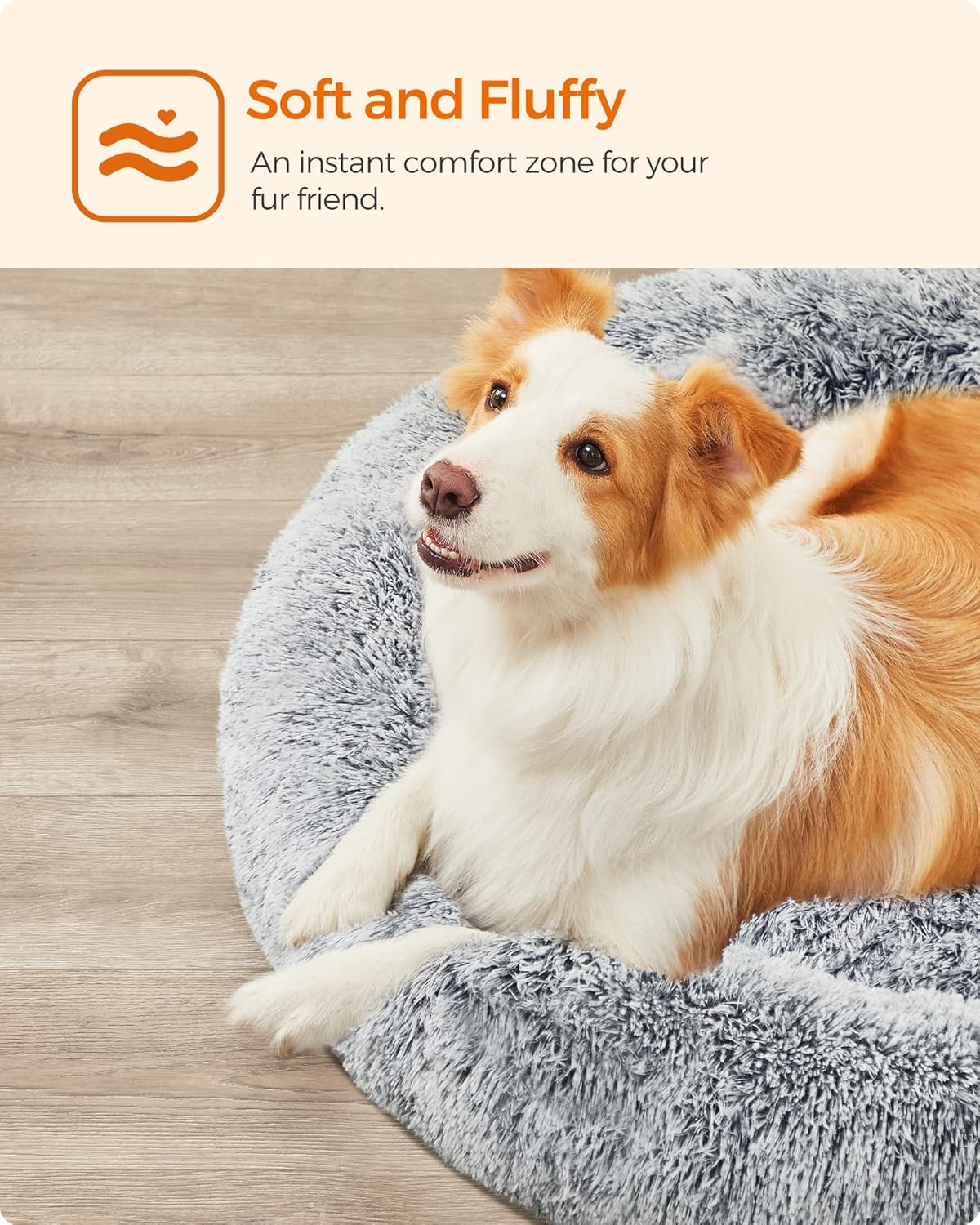 Feandrea Dog Bed, Donut Cat Bed, Fluffy Calming Pet Bed with Removable, Washable Cover, Soft Long Plush, 50 cm, Grey - Comfort Style
