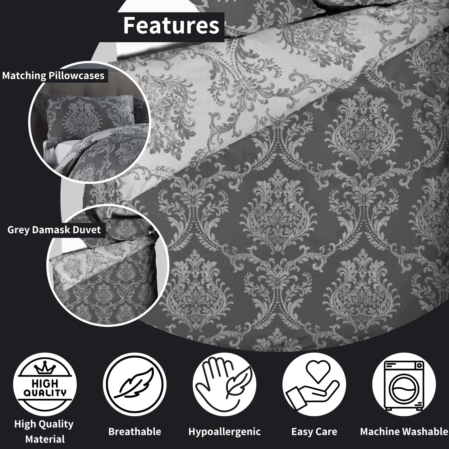 Olivia Rocco Royal Damask Duvet Cover Set Easy Care Quilt Covers With Pillowcases Cotton Rich Reversible Bedding Bed Linen Sets - Comfort Style