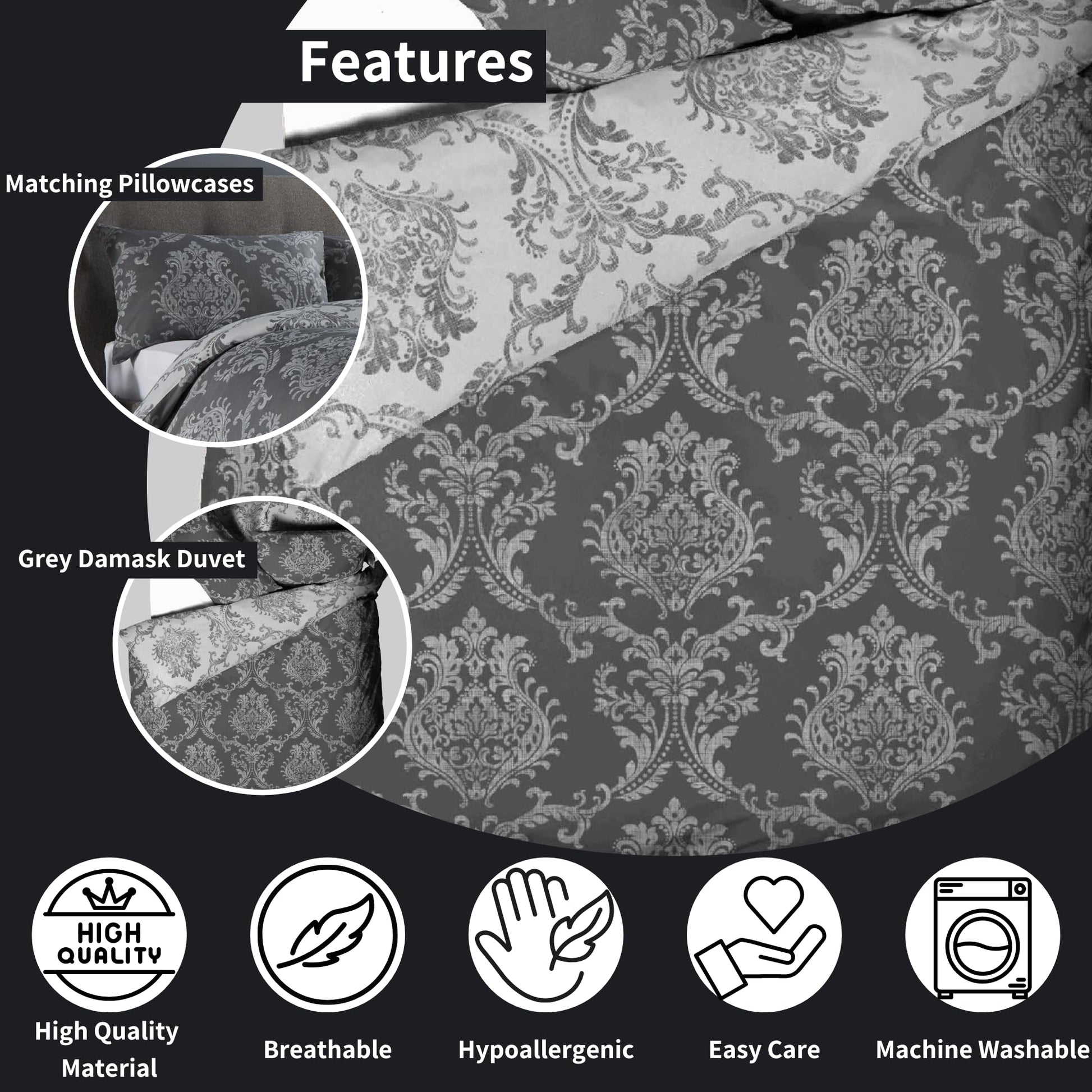 Olivia Rocco Royal Damask Duvet Cover Set Easy Care Quilt Covers With Pillowcases Cotton Rich Reversible Bedding Bed Linen Sets - Comfort Style