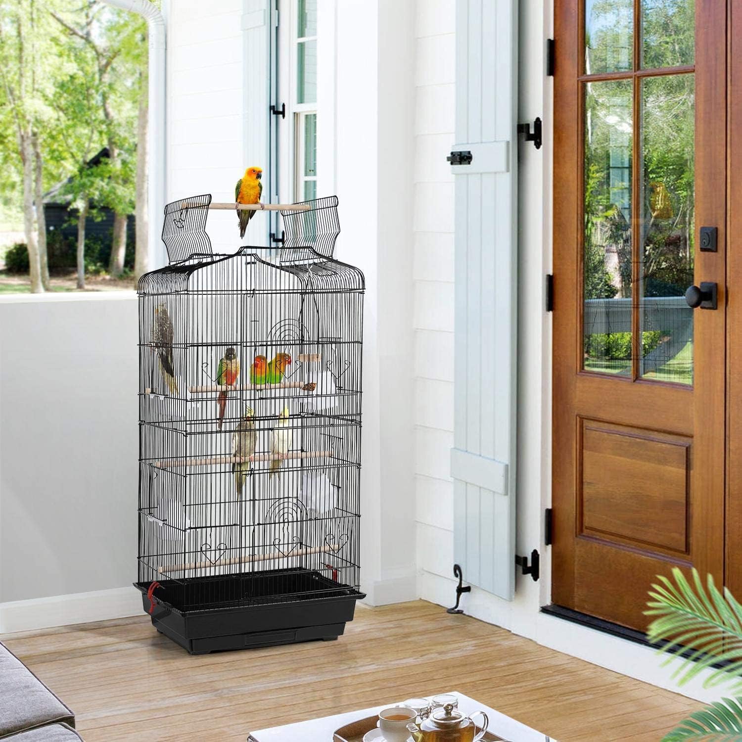 37" Rooftop Metal Large Bird Parrot Cage Carrier For Canary Budgie Cockatiel In Black & White(Black 46L x 36W x 93H) - Comfort Style