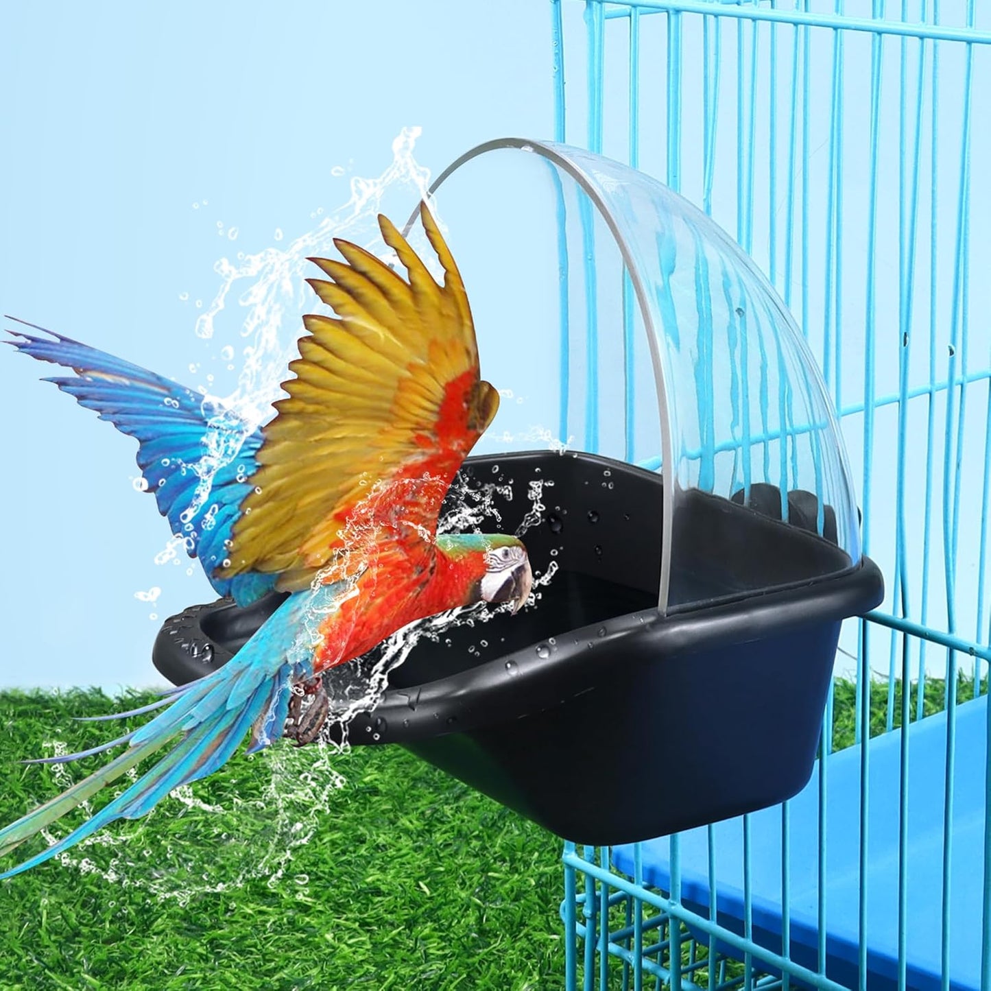 Bird Bath Tub,Hanging Birdbath Box Toy Budgies Caged Bathing Tubs Parrot Bath Tub Water Shower Food Feeder Holder Tray Bird Baths for Birdcages Accessory Small Birds Canary Cockatiel Parakeet(Blue) - Comfort Style