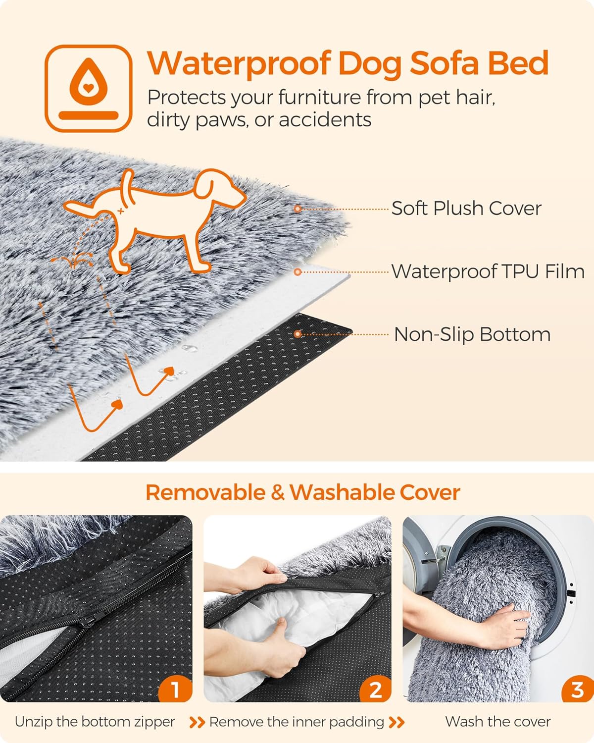 Feandrea FluffyHug Dog Sofa Bed, Dog Sofa Cover, Calming Dog Bed, L, for Medium Dogs, 95 x 85 x 16 cm, Grey Ombré PGW222G01