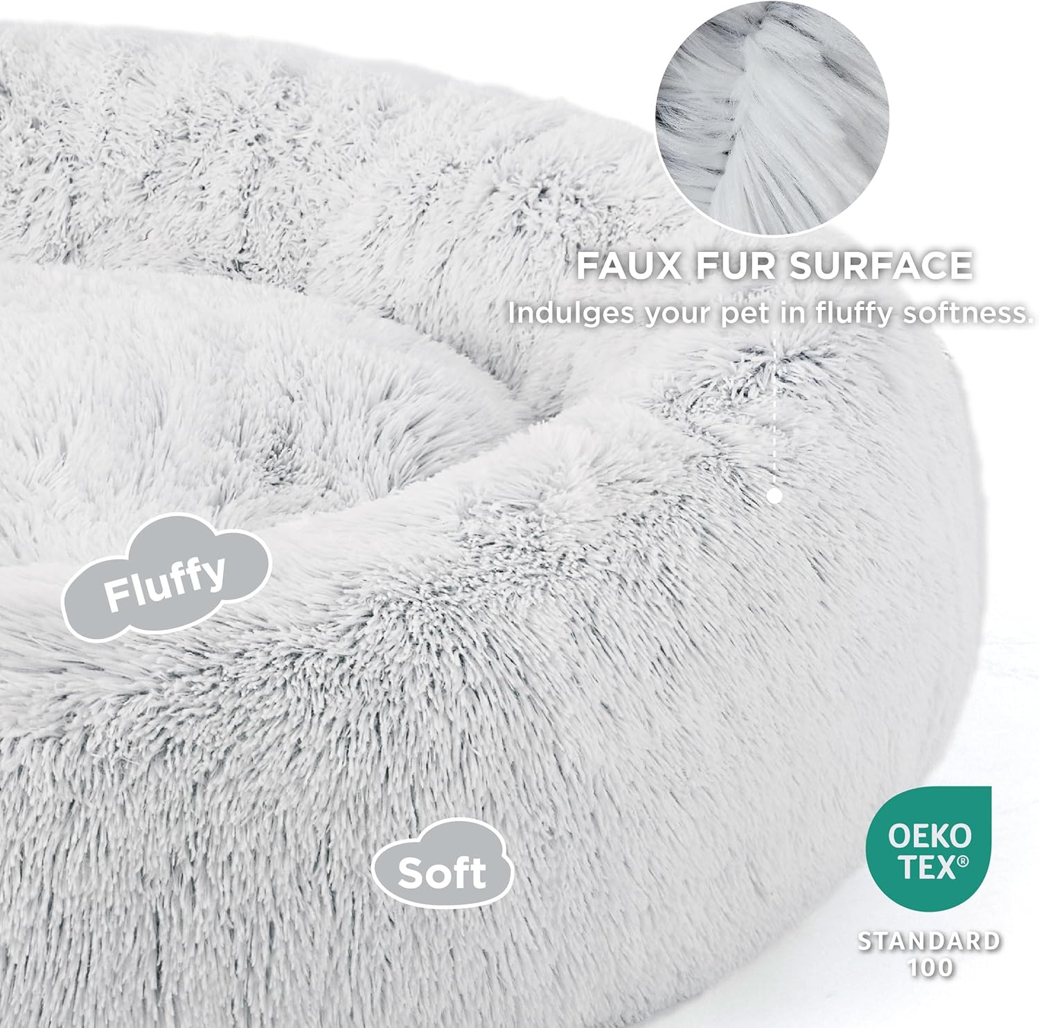 Bedsure Dog Bed Donut Bed - Washable Cat Beds for Indoor Cats Large, Fluffy Calming Kitten Bed for Small Dog and Puppy, Grey, 50x50x16cm - Comfort Style