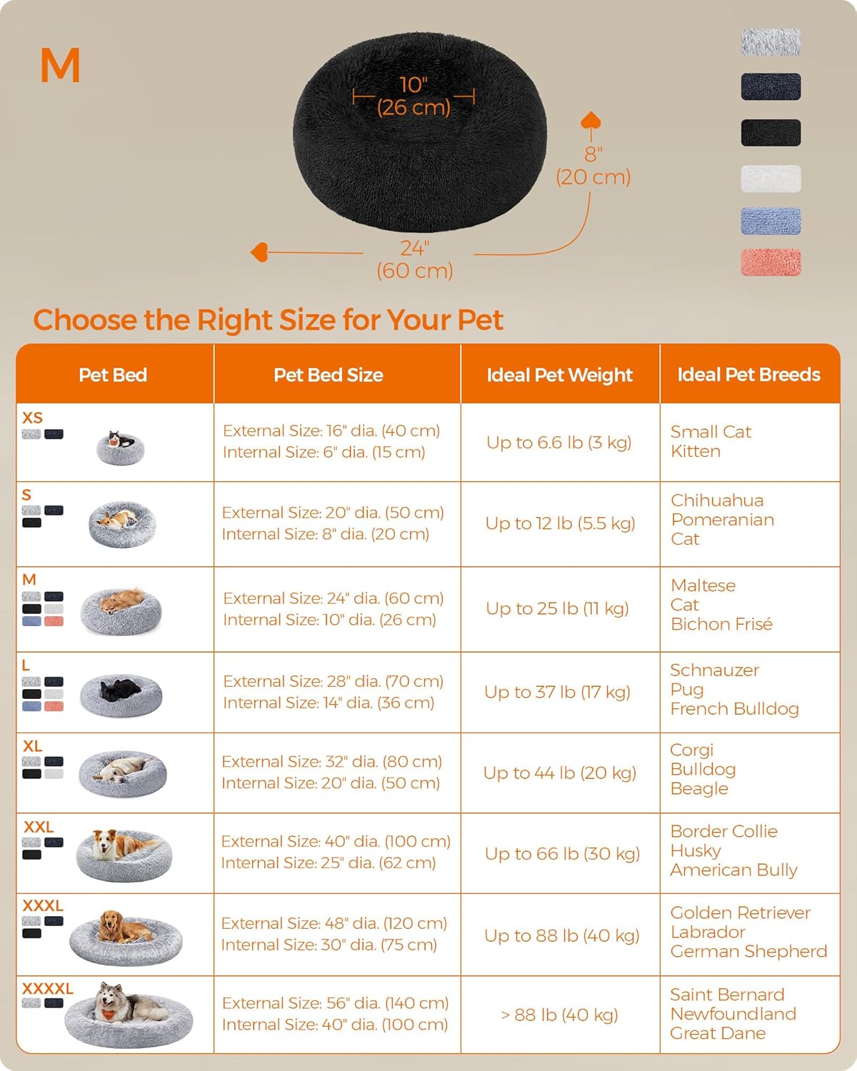Feandrea Dog Bed, Donut Cat Bed, Fluffy Calming Pet Bed with Removable, Washable Cover, Soft Long Plush, 50 cm, Grey - Comfort Style