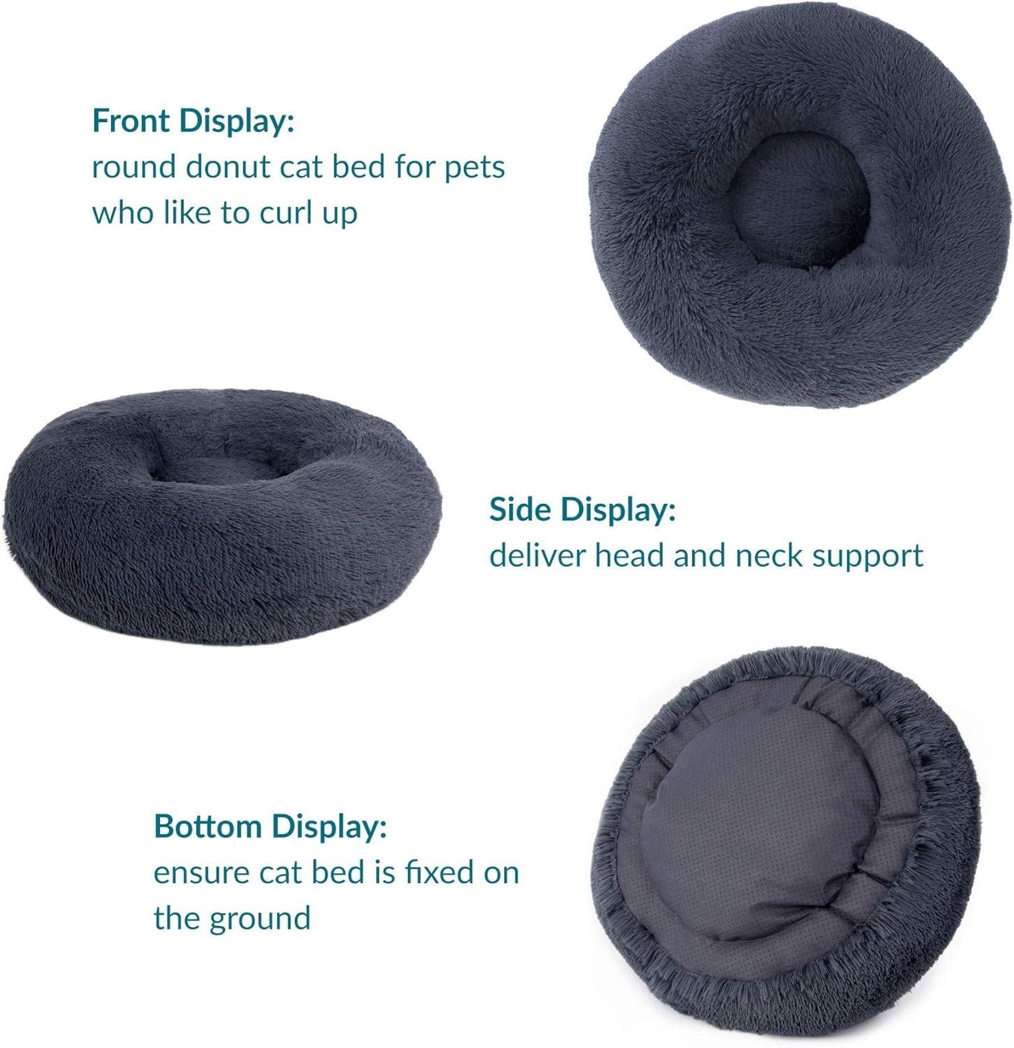 Bedsure Dog Bed Donut Bed - Washable Cat Beds for Indoor Cats Large, Fluffy Calming Kitten Bed for Small Dog and Puppy, Grey, 50x50x16cm - Comfort Style