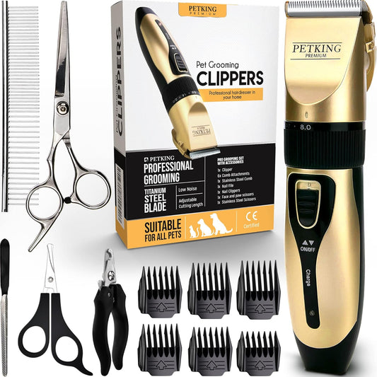 PetKing Premium Dog Clippers Dog Grooming Kit Grooming Clippers Professional for Thick Hair Coats Pet Clippers Kit for Dogs Cats Pets Cordless Silent Dogs Hair Trimmer Clipper Shaver Set Low Noise
