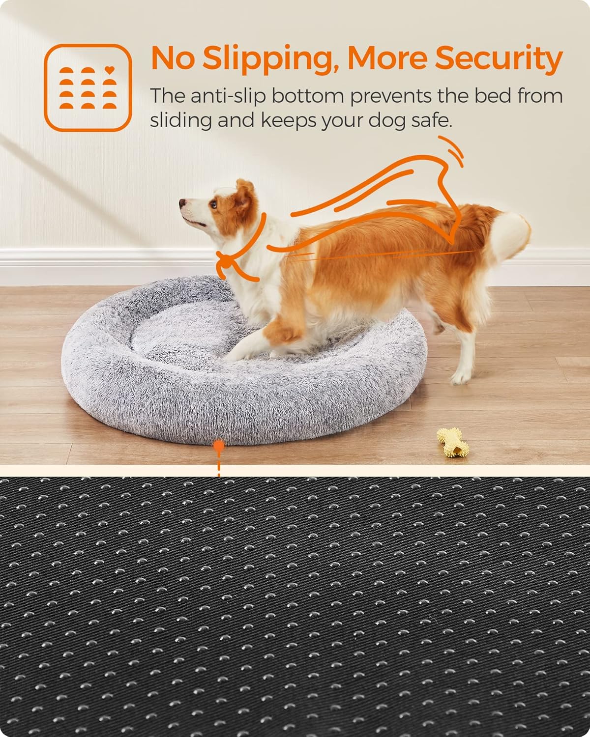 Feandrea Dog Bed, Donut Cat Bed, Fluffy Calming Pet Bed with Removable, Washable Cover, Soft Long Plush, 50 cm, Grey - Comfort Style