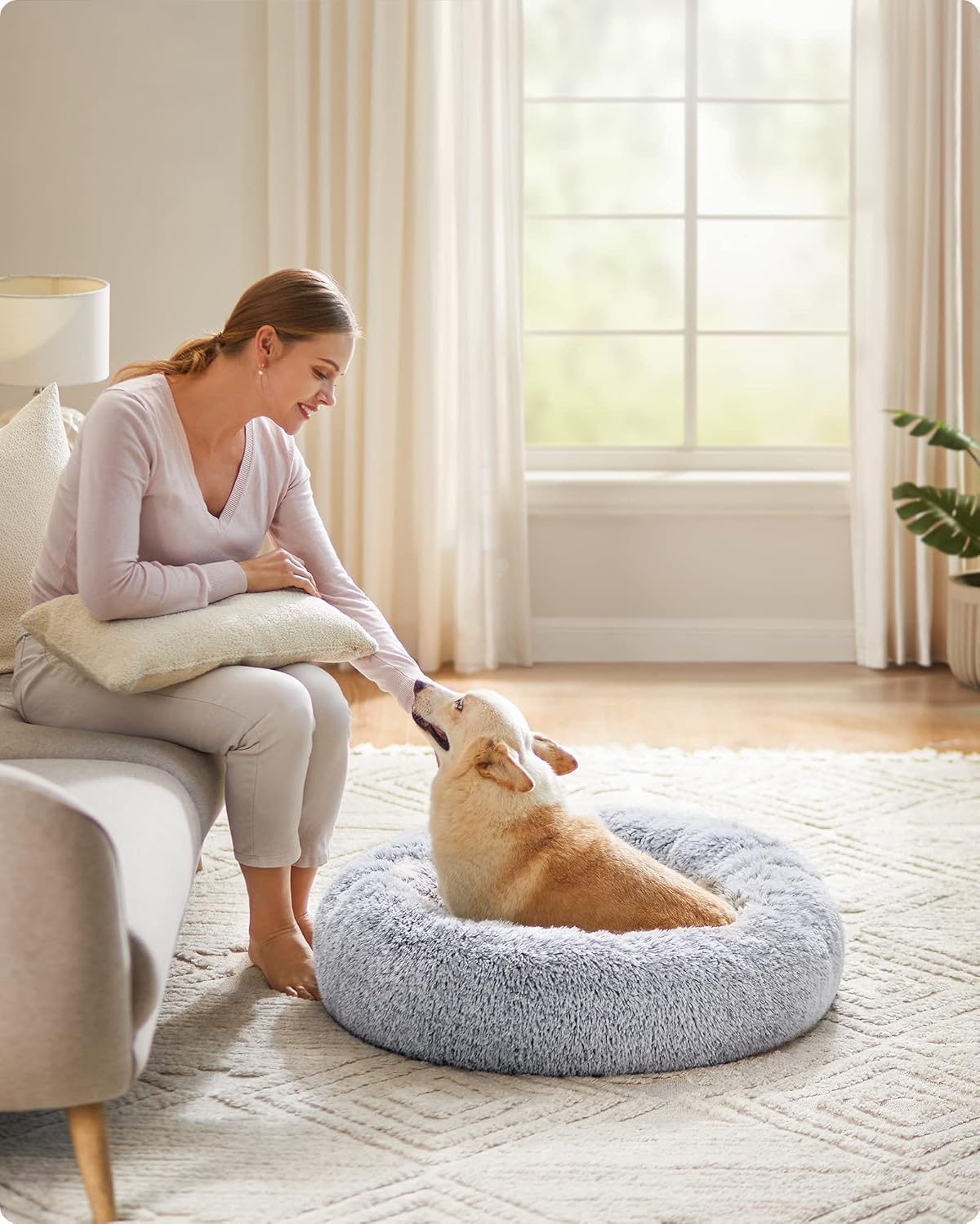 Feandrea Dog Bed, Donut Cat Bed, Fluffy Calming Pet Bed with Removable, Washable Cover, Soft Long Plush, 50 cm, Grey - Comfort Style