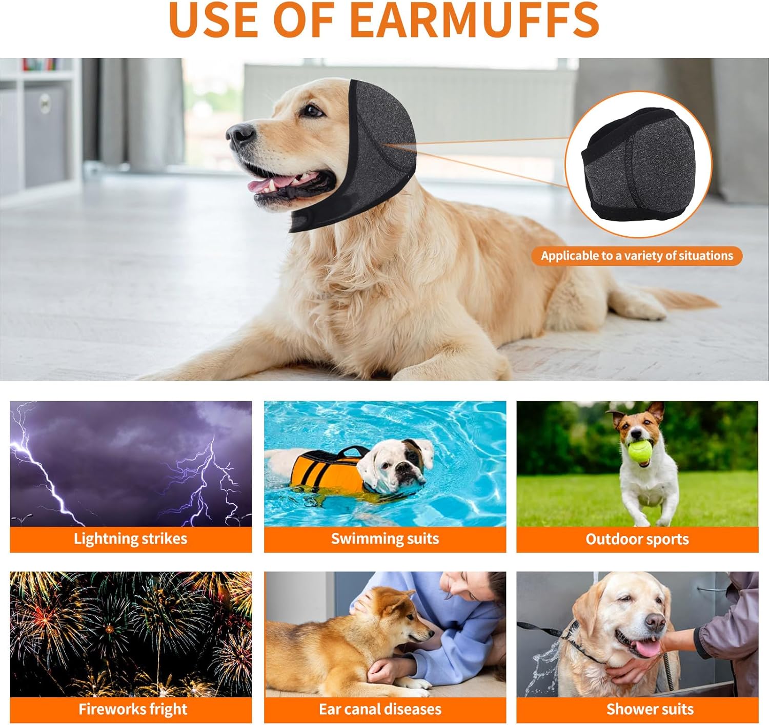 BOXOB Dog Ears Cover, Adjustable Dog Ear Muffs Noise Protection Comfortable Quiet Dogs Calming Hood Ear Head Wrap Cups Shower Cap Pet Supplies for Bath Grooming Thunder Fireworks (S)