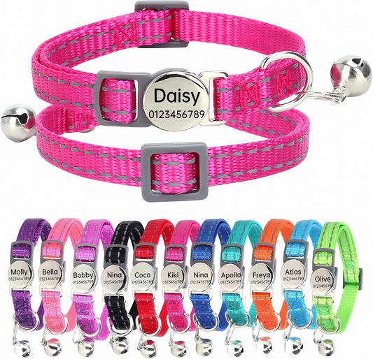 SEOUGEE Cat Collar Quick Release with Personalised Name Tag, Reflective Kitten Collars with Bells & Safety Release, 19-30 CM Adjustable, Rose Red - Comfort Style