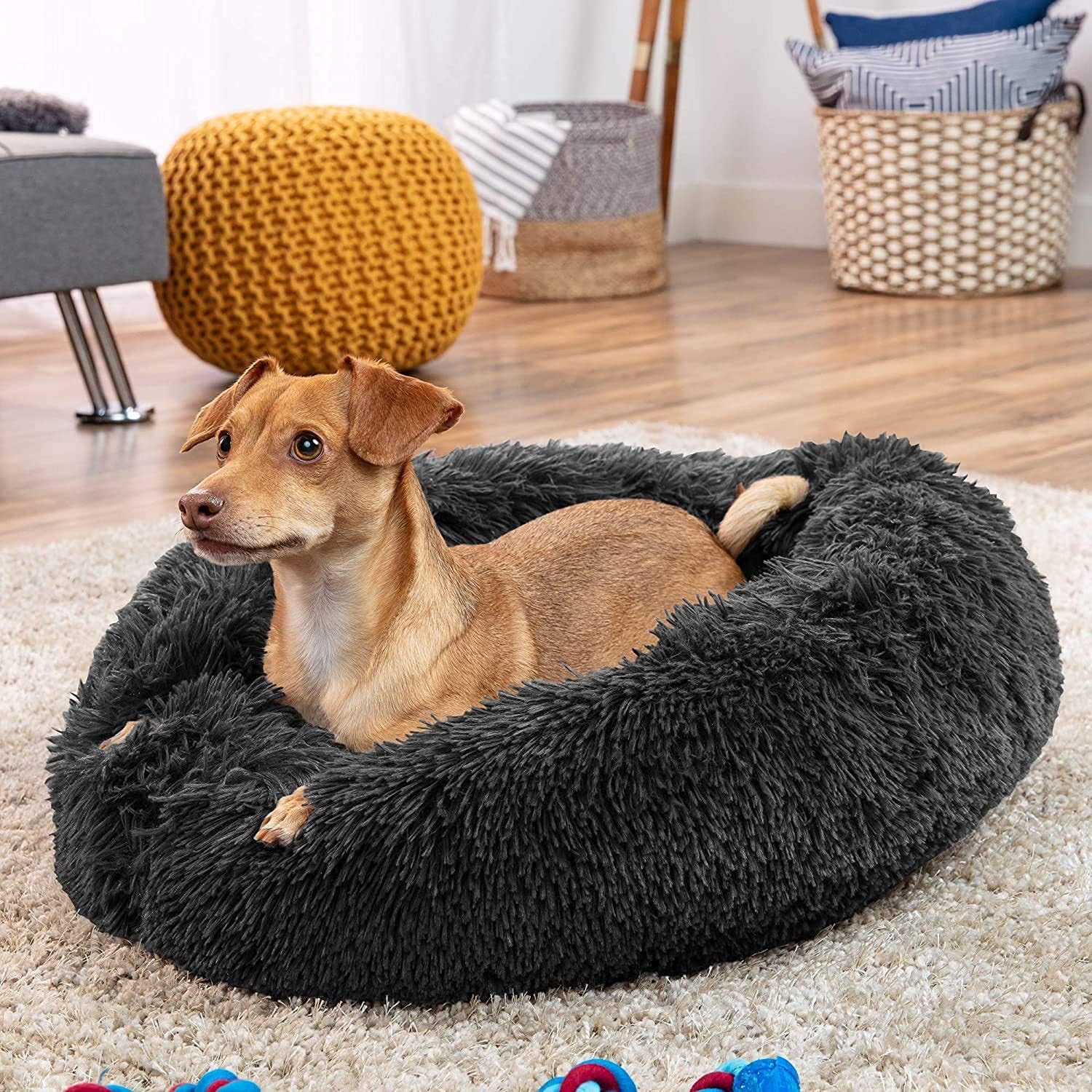 MFOX Calming Dog Bed Cat Bed Donut, Faux Fur Donut Cuddler Washable Self-Warming Pet Bed, Large Round Plush Dog Bed for Small/Medium/Large Dogs(60cm/80cm/90cm/110cm) - Comfort Style