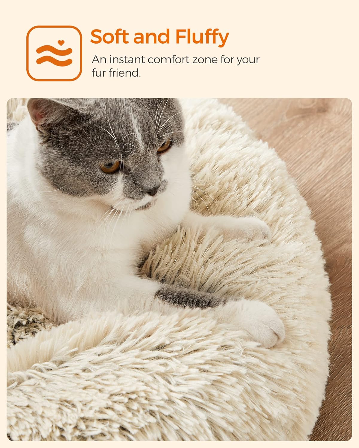 Feandrea Dog Bed, Donut Cat Bed, Fluffy Calming Pet Bed with Removable, Washable Cover, Soft Long Plush, 50 cm, Grey - Comfort Style