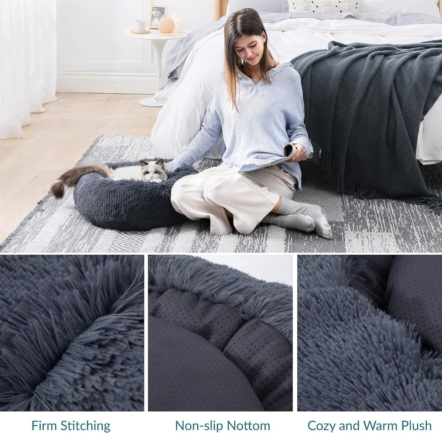 Bedsure Dog Bed Donut Bed - Washable Cat Beds for Indoor Cats Large, Fluffy Calming Kitten Bed for Small Dog and Puppy, Grey, 50x50x16cm - Comfort Style