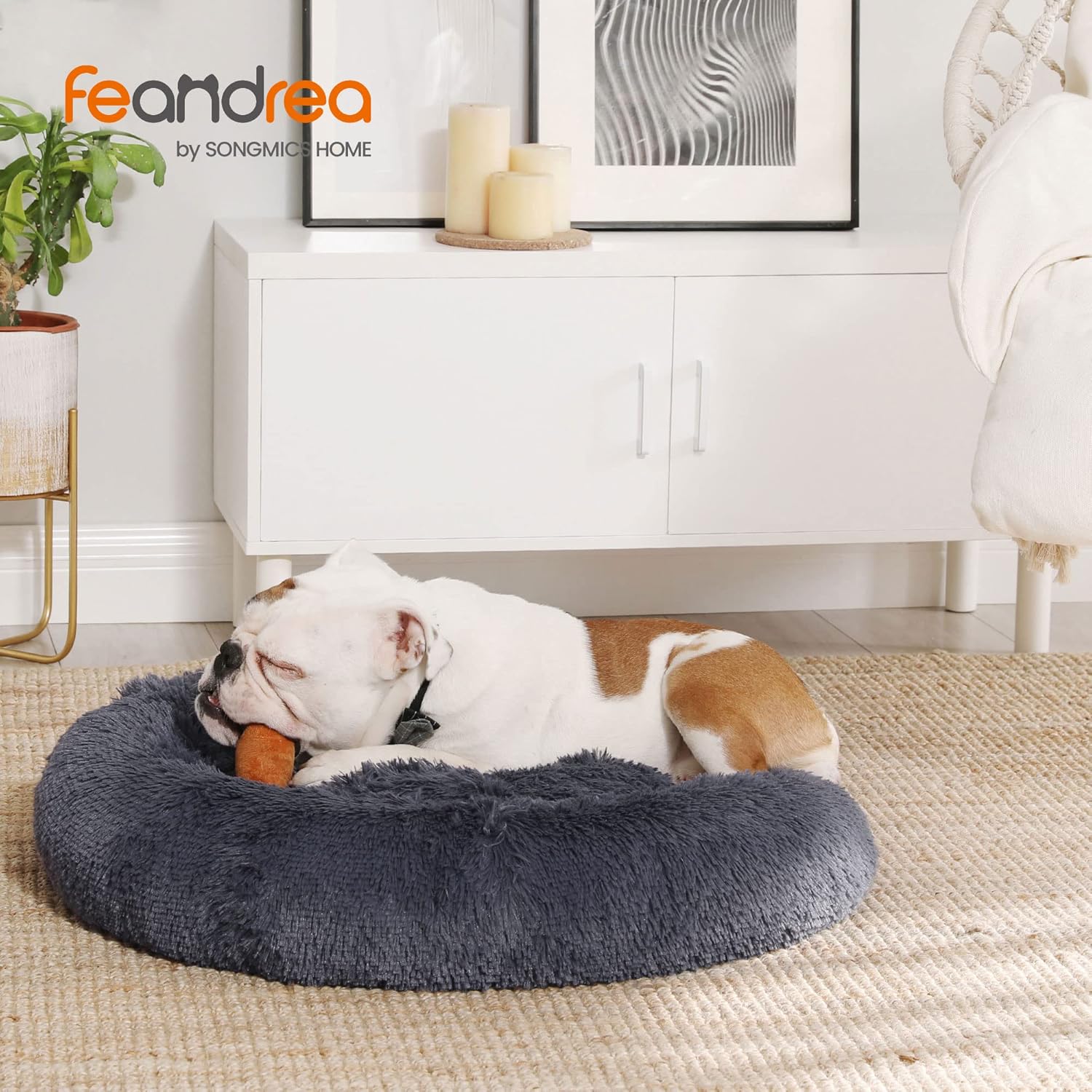 Feandrea Dog Bed, Donut Cat Bed, Fluffy Calming Pet Bed with Removable, Washable Cover, Soft Long Plush, 50 cm, Grey - Comfort Style