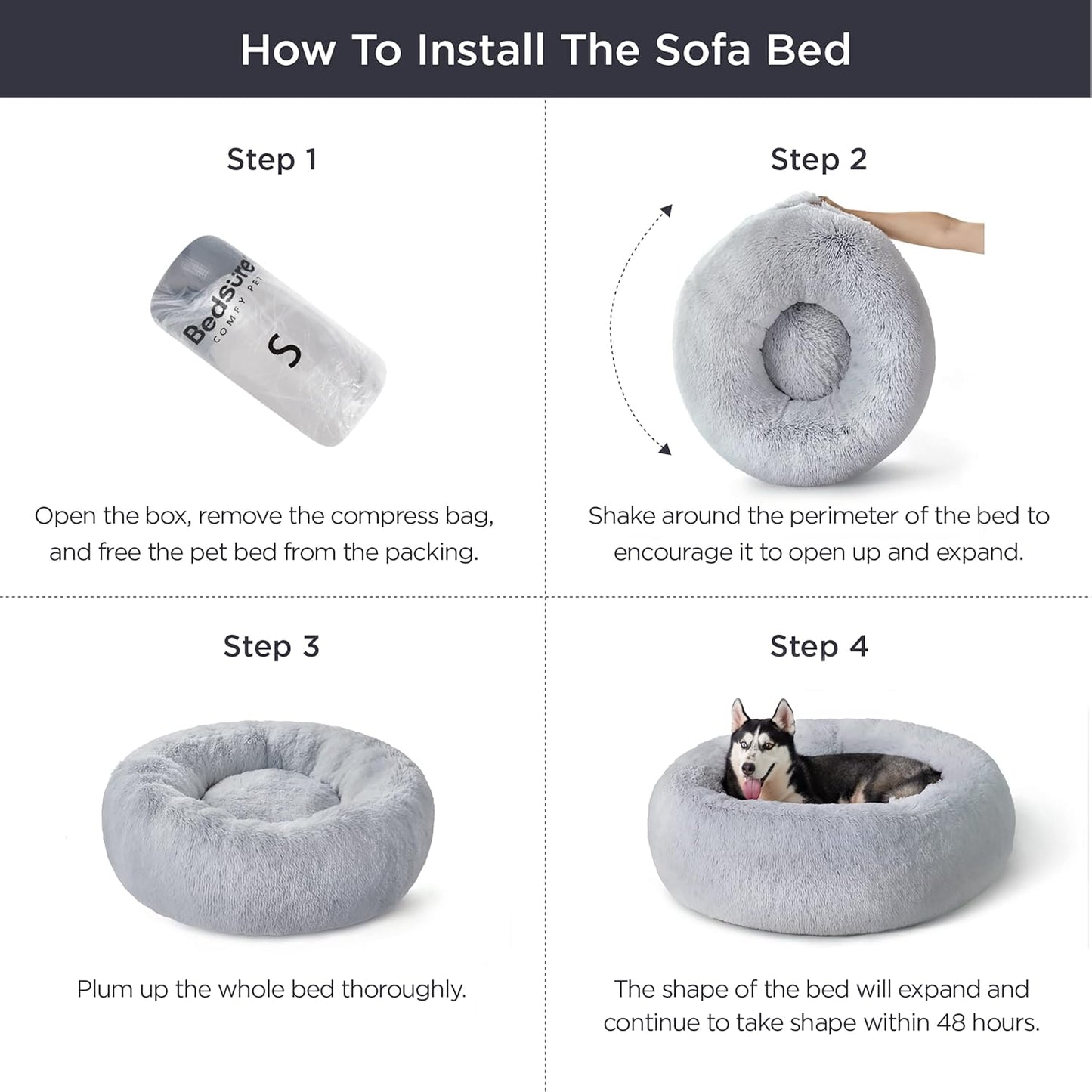 Bedsure Dog Bed Donut Bed - Washable Cat Beds for Indoor Cats Large, Fluffy Calming Kitten Bed for Small Dog and Puppy, Grey, 50x50x16cm - Comfort Style