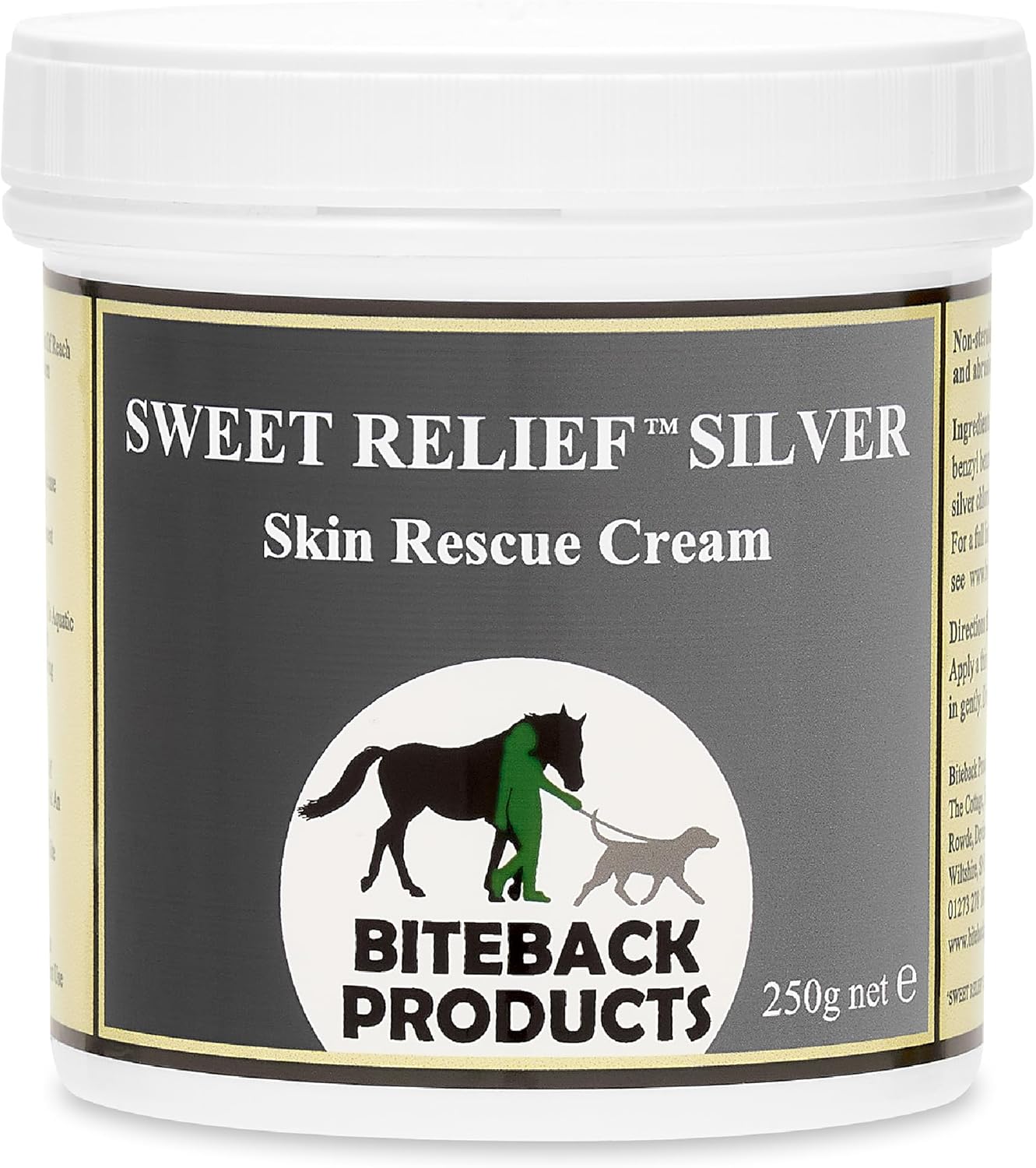 Biteback 'Sweet Relief Silver' Cream - Essential Cream for Horses & Dogs, Antiseptic for Minor Abrasions & Rubs, Ideal First Aid, Silver-Infused for Skin Care & Revival - 250g