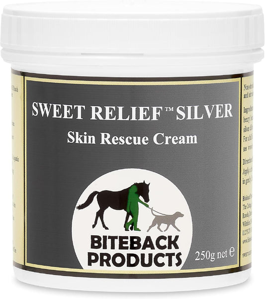 Biteback 'Sweet Relief Silver' Cream - Essential Cream for Horses & Dogs, Antiseptic for Minor Abrasions & Rubs, Ideal First Aid, Silver-Infused for Skin Care & Revival - 250g