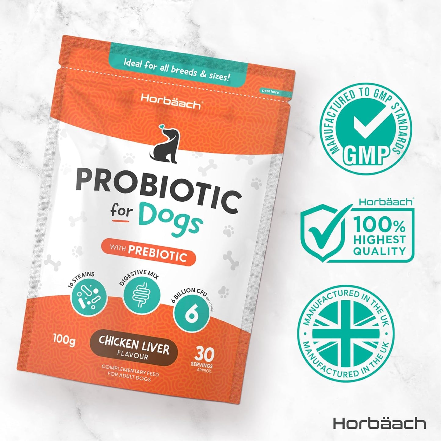 Dog ProBio Powder with Prebiotic for Gut Health | Chicken Liver Flavour | Digestive Health Mix with 6 Billion CFU | 100g | by Horbaach