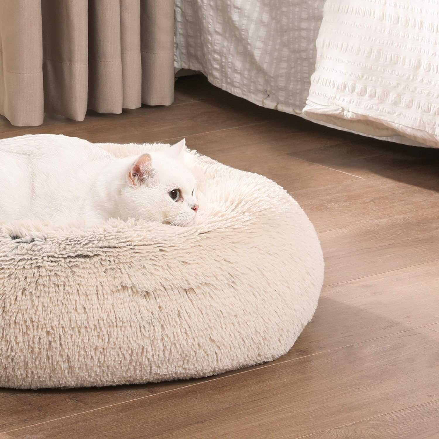 Feandrea Dog Bed, Donut Cat Bed, Fluffy Calming Pet Bed with Removable, Washable Cover, Soft Long Plush, 50 cm, Grey - Comfort Style