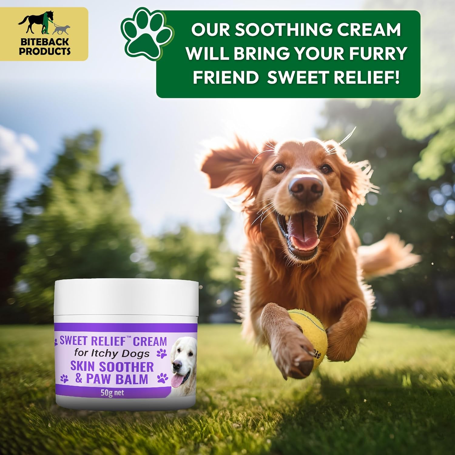 Biteback Products - Soothing Dog Paw Balm, Antiseptic Cream for Dogs, Itchy Dog Skin Relief - Ideal for On-the-Go Pet Care, Soothes Paws and Skin, Compact Pocket Sized Pot Dog Skin Cream - 50g