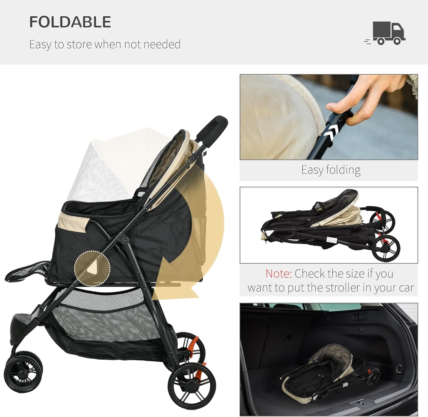 PawHut Dog Pram with Rain Cover Pet Stroller, Foldable Dog Pushchair for Small and Miniature Dogs, Cats - Khaki