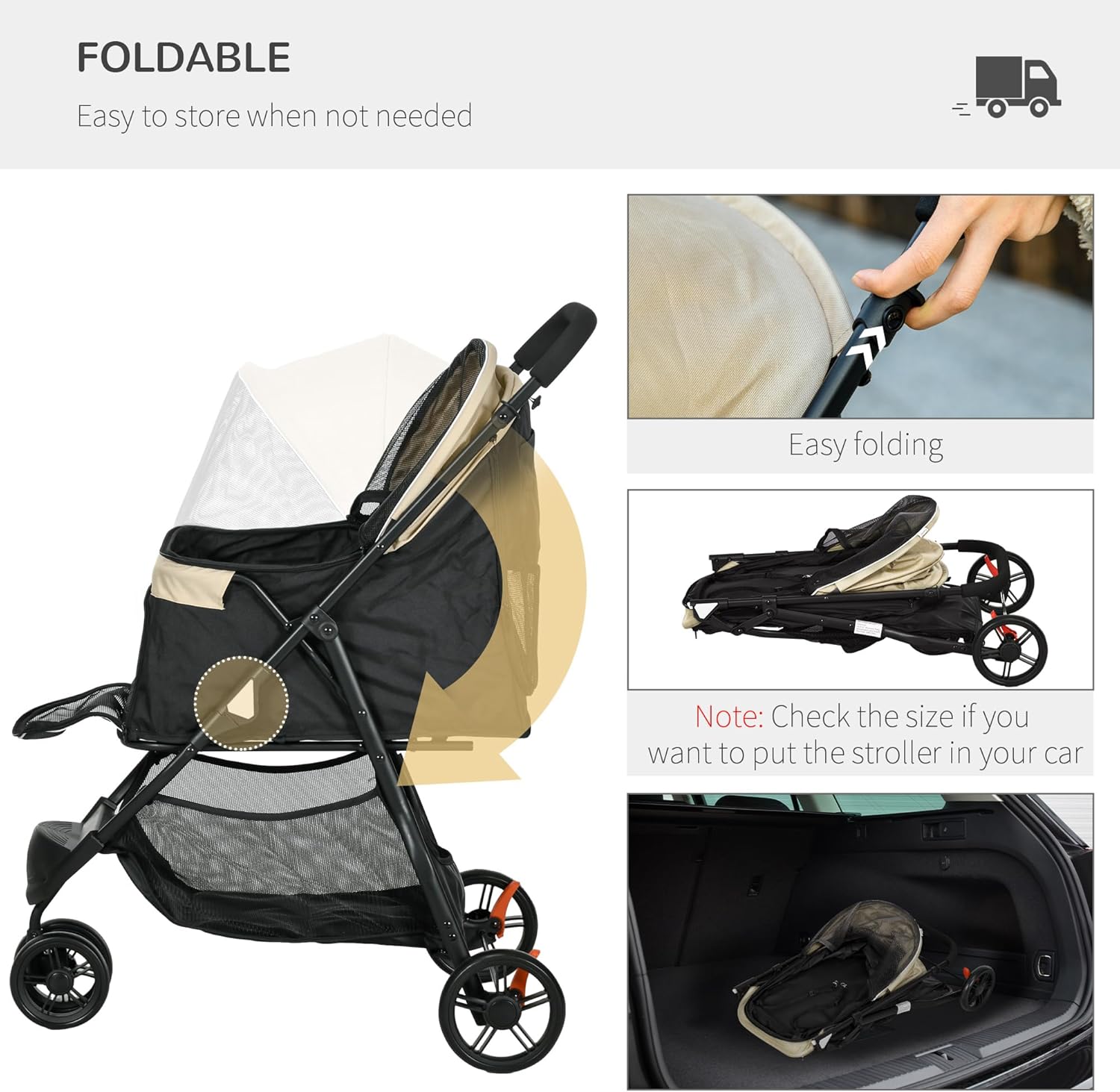 PawHut Dog Pram with Rain Cover Pet Stroller, Foldable Dog Pushchair for Small and Miniature Dogs, Cats - Khaki