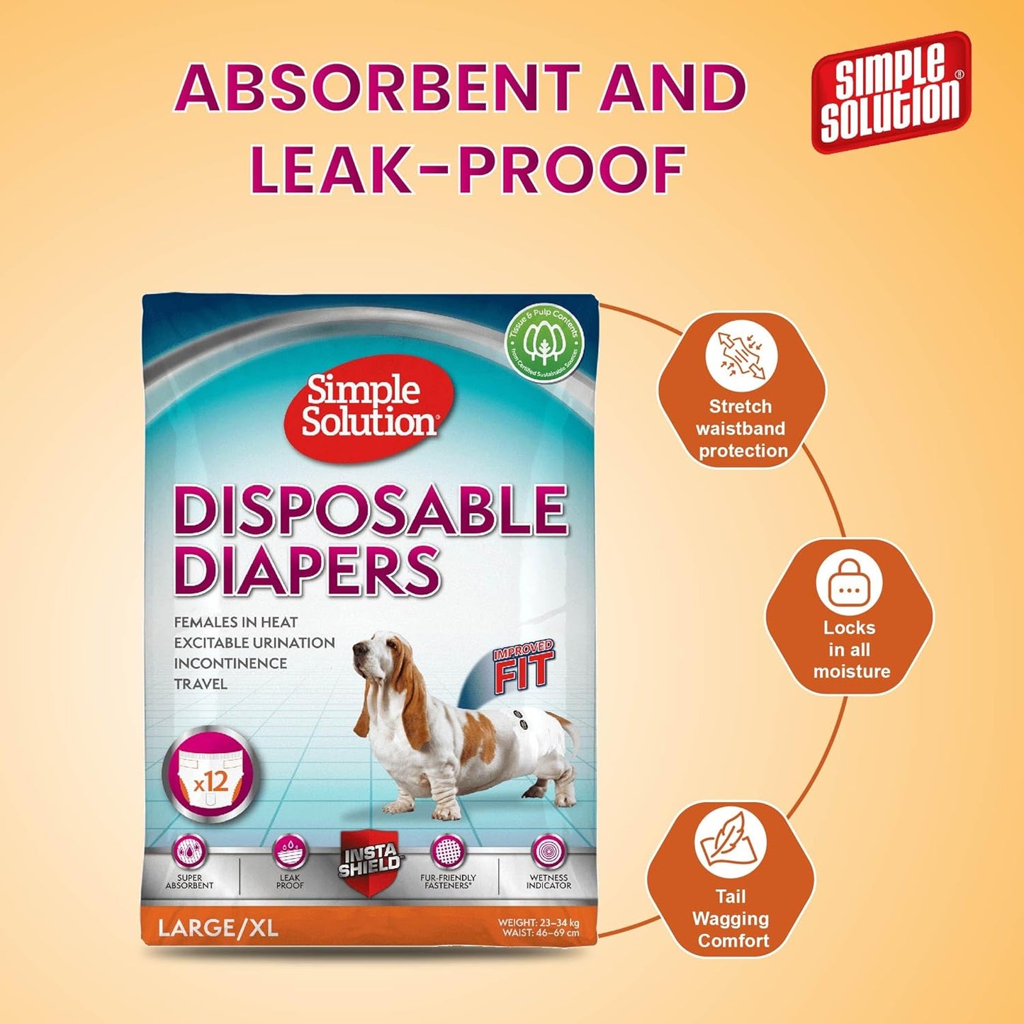 Simple Solution Disposable Dog Diapers for Female Dogs, Super Absorbent Leak-Proof Fit with Wetness Indicator for Excitable Urination, Incontinence or females in heat - 12 pack
