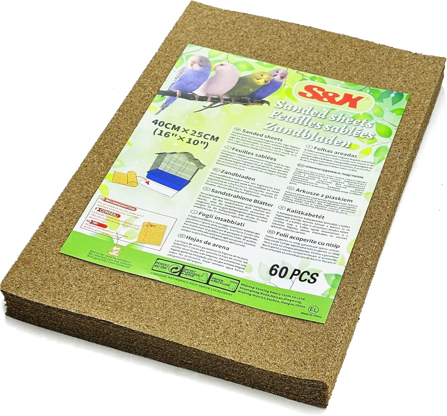 S&X Sand Sheets for Bird Cage 40cm x 25cm, Gravel Liner Paper 12PCS/Pack - Comfort Style