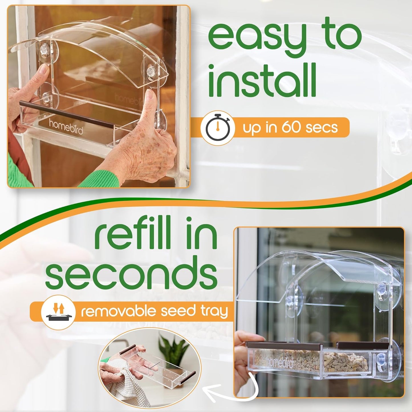 Window Bird Feeder with Strong Suction Cups - HOMEBIRD Window Bird Feeder UK with Removable Seed Tray For Bird Watching Bird Feeders for Small Birds Squirrel Proof Bird Feeder Window - Comfort Style
