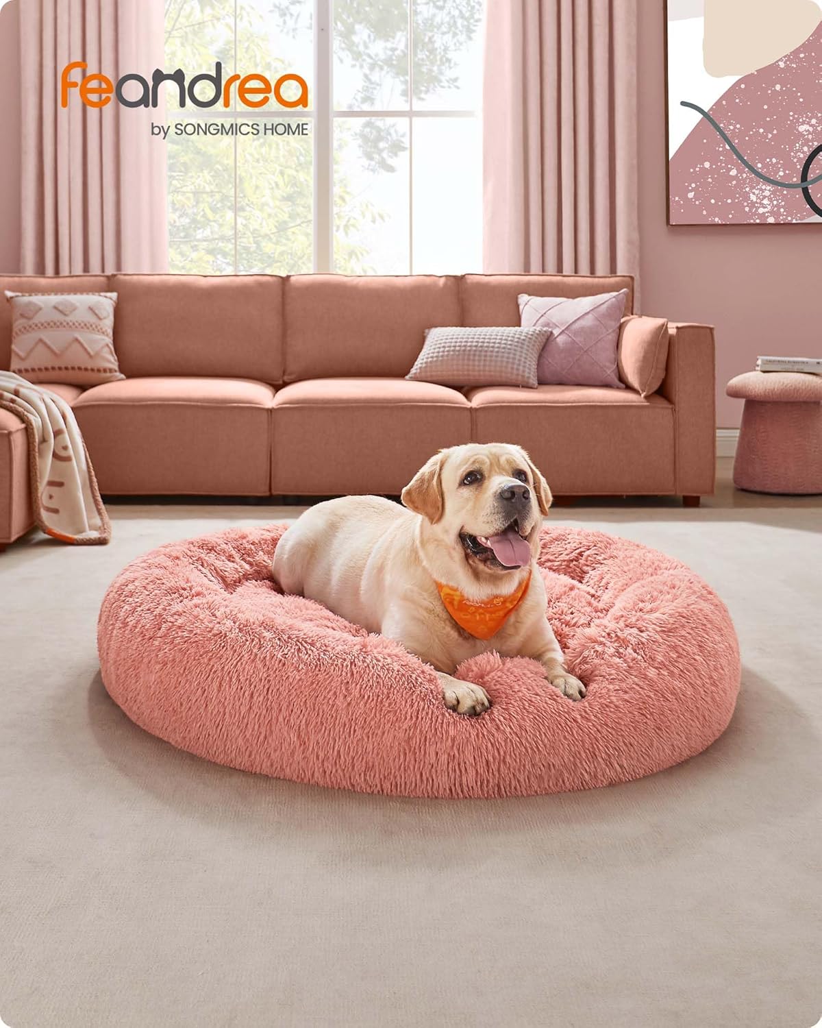 Feandrea Dog Bed, Donut Cat Bed, Fluffy Calming Pet Bed with Removable, Washable Cover, Soft Long Plush, 50 cm, Grey - Comfort Style