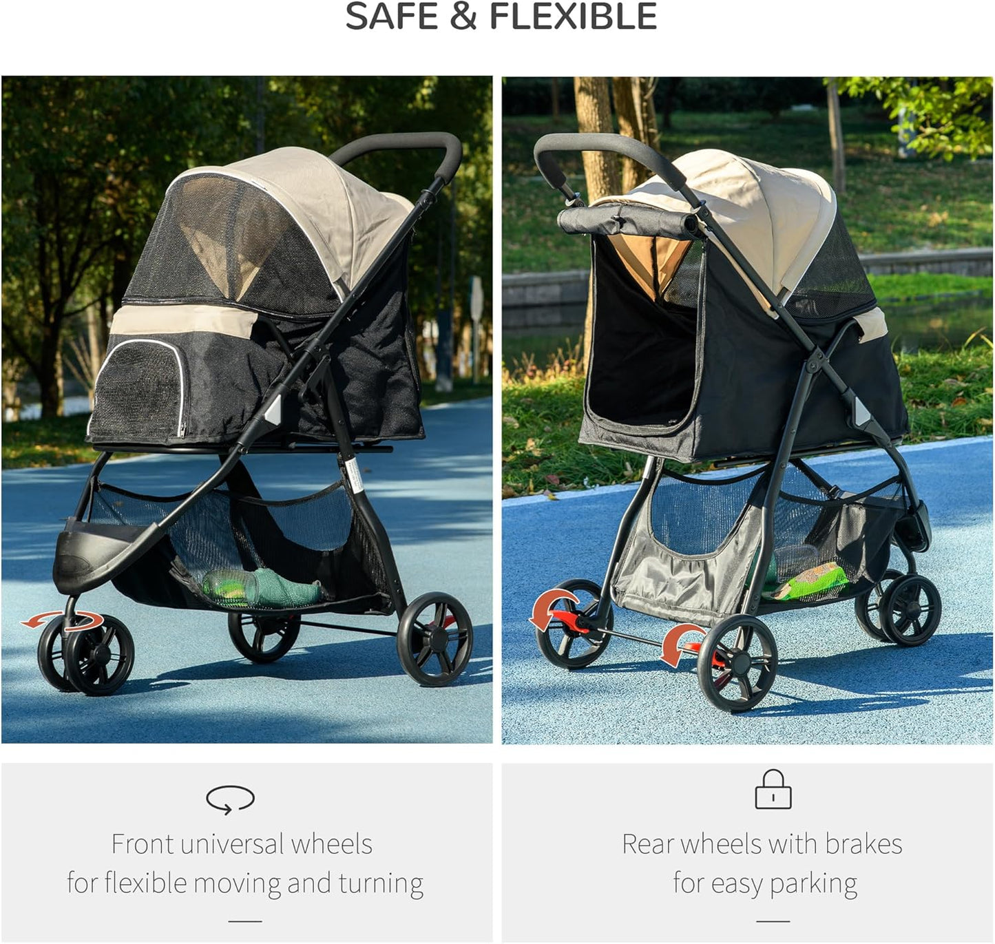 PawHut Dog Pram with Rain Cover Pet Stroller, Foldable Dog Pushchair for Small and Miniature Dogs, Cats - Khaki
