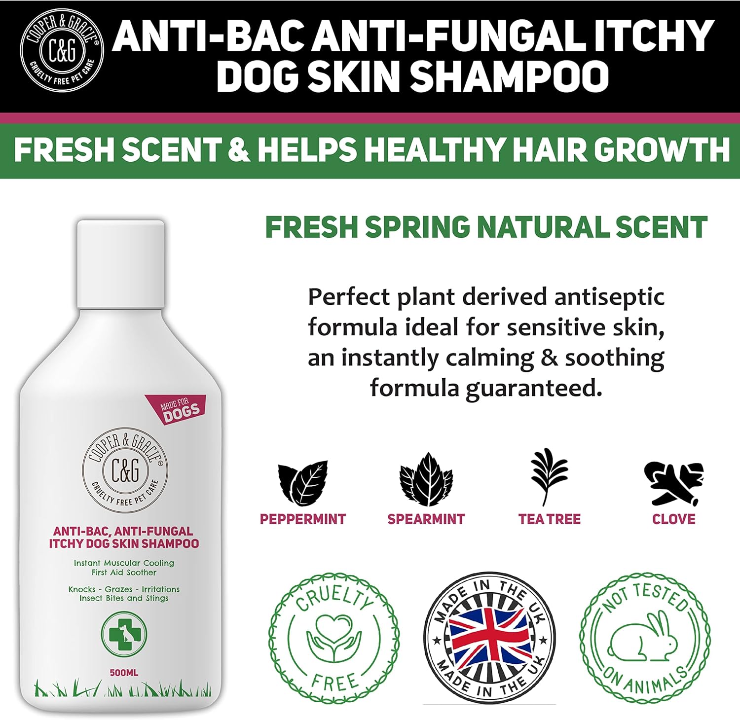 Dog Shampoo For Itchy skin Antibacterial And Antifungal | Natural Medicated Low Lather Safe Formula | Fast Absorbing and Skin Cooling First Aid | Great For Grazes Skin Irritation