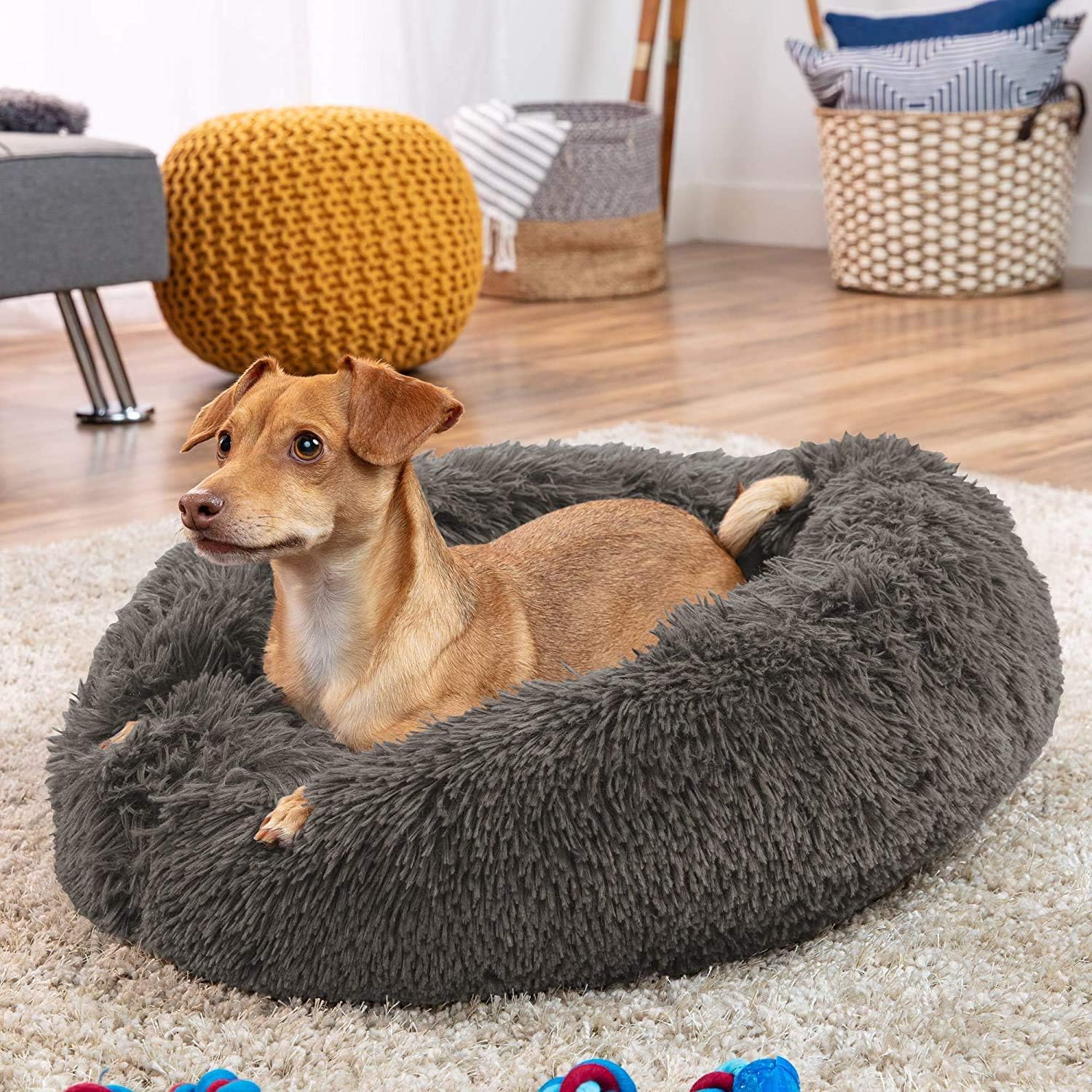 MFOX Calming Dog Bed Cat Bed Donut, Faux Fur Donut Cuddler Washable Self-Warming Pet Bed, Large Round Plush Dog Bed for Small/Medium/Large Dogs(60cm/80cm/90cm/110cm) - Comfort Style