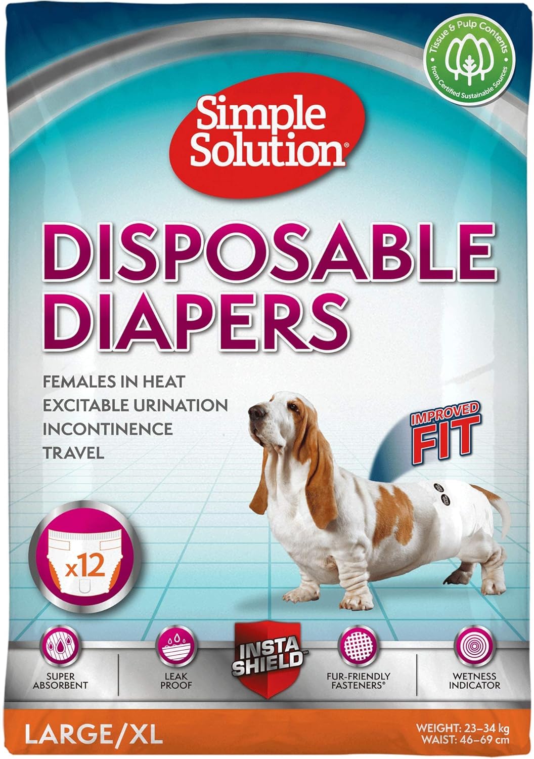 Simple Solution Disposable Dog Diapers for Female Dogs, Super Absorbent Leak-Proof Fit with Wetness Indicator for Excitable Urination, Incontinence or females in heat - 12 pack