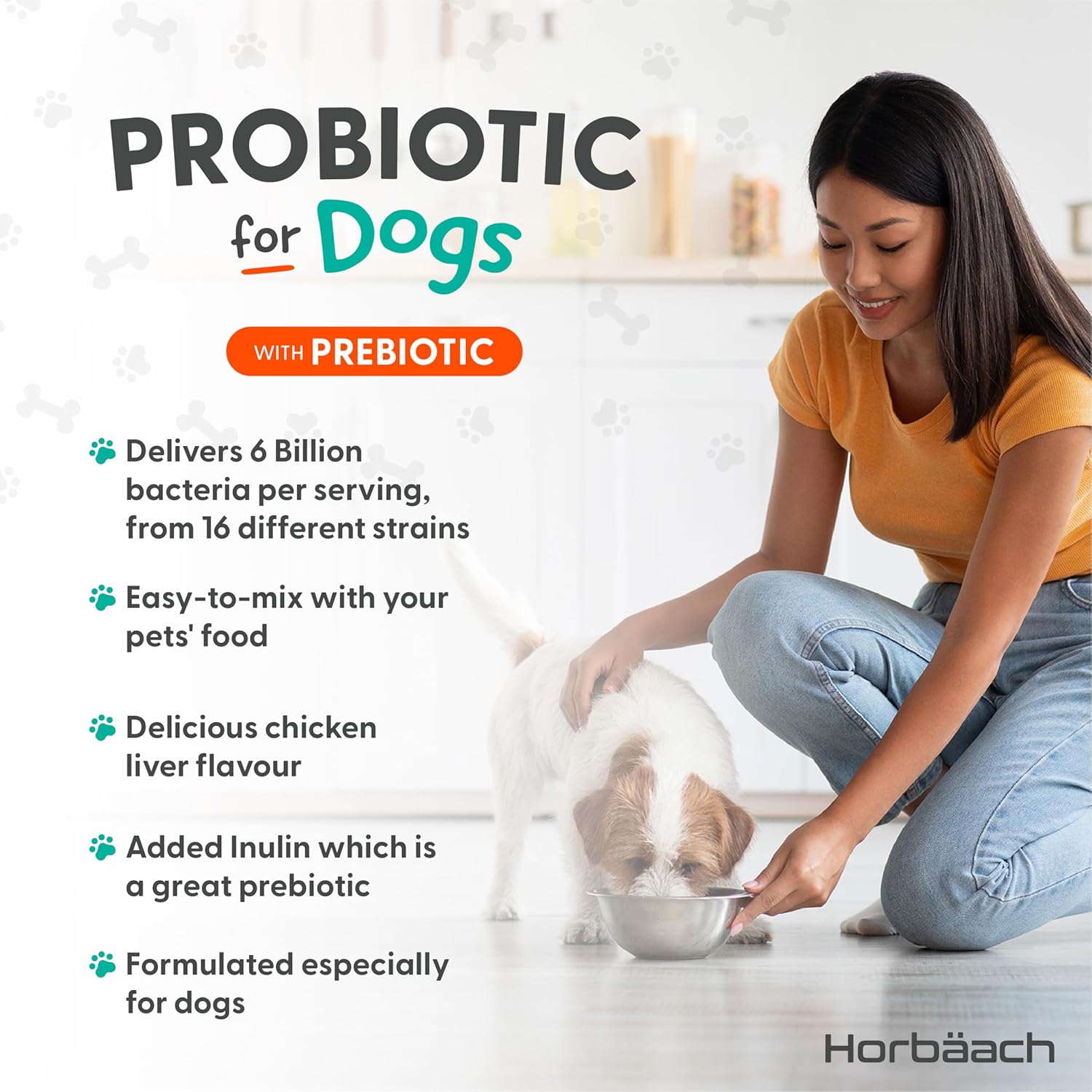 Dog ProBio Powder with Prebiotic for Gut Health | Chicken Liver Flavour | Digestive Health Mix with 6 Billion CFU | 100g | by Horbaach