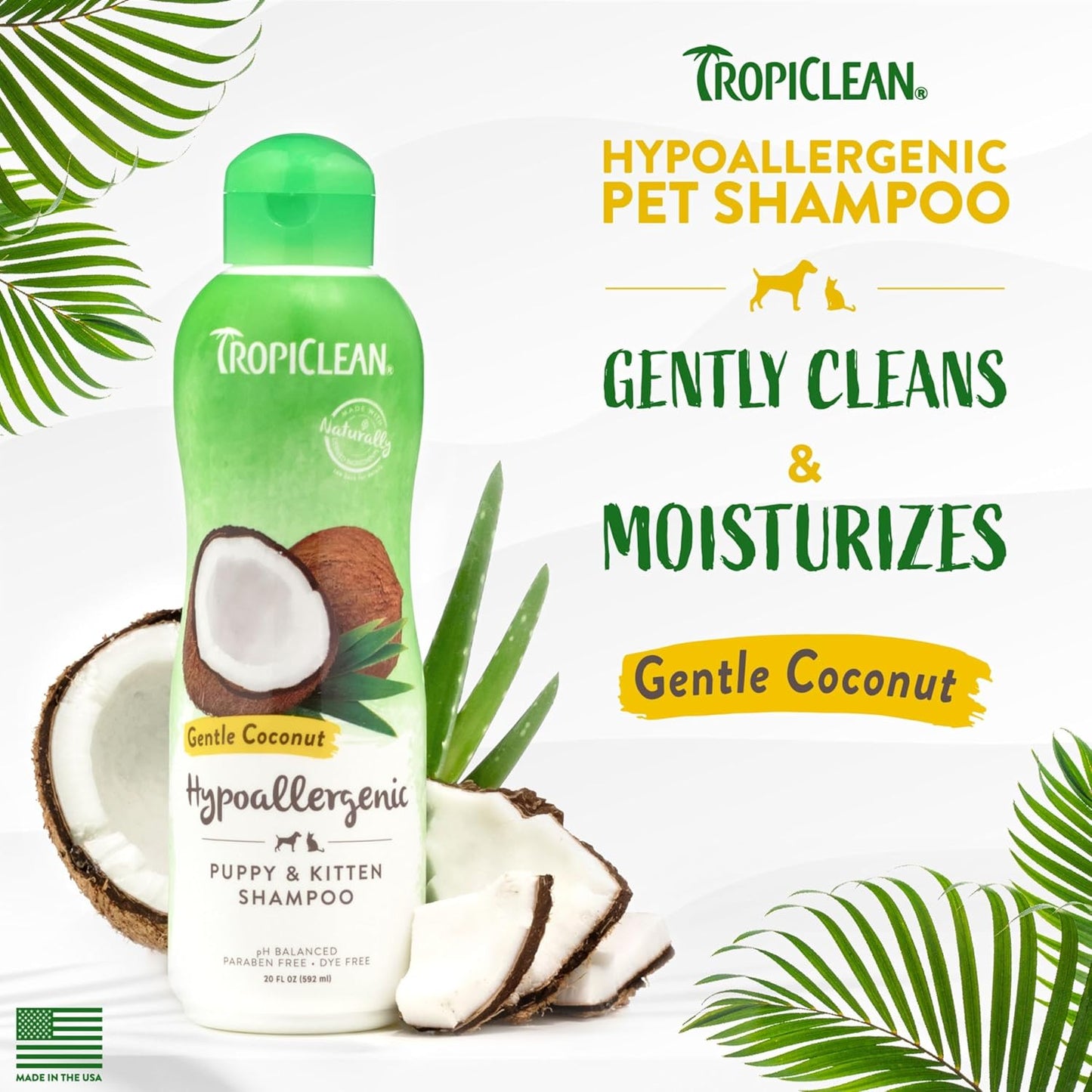 TropiClean Dog Shampoo Grooming Supplies - Hypoallergenic Puppy & Kitten Shampoo Gentle Cleansing for Sensitive Skin - Derived from Natural Ingredients - Used by Groomers - Gentle Coconut, 355ml