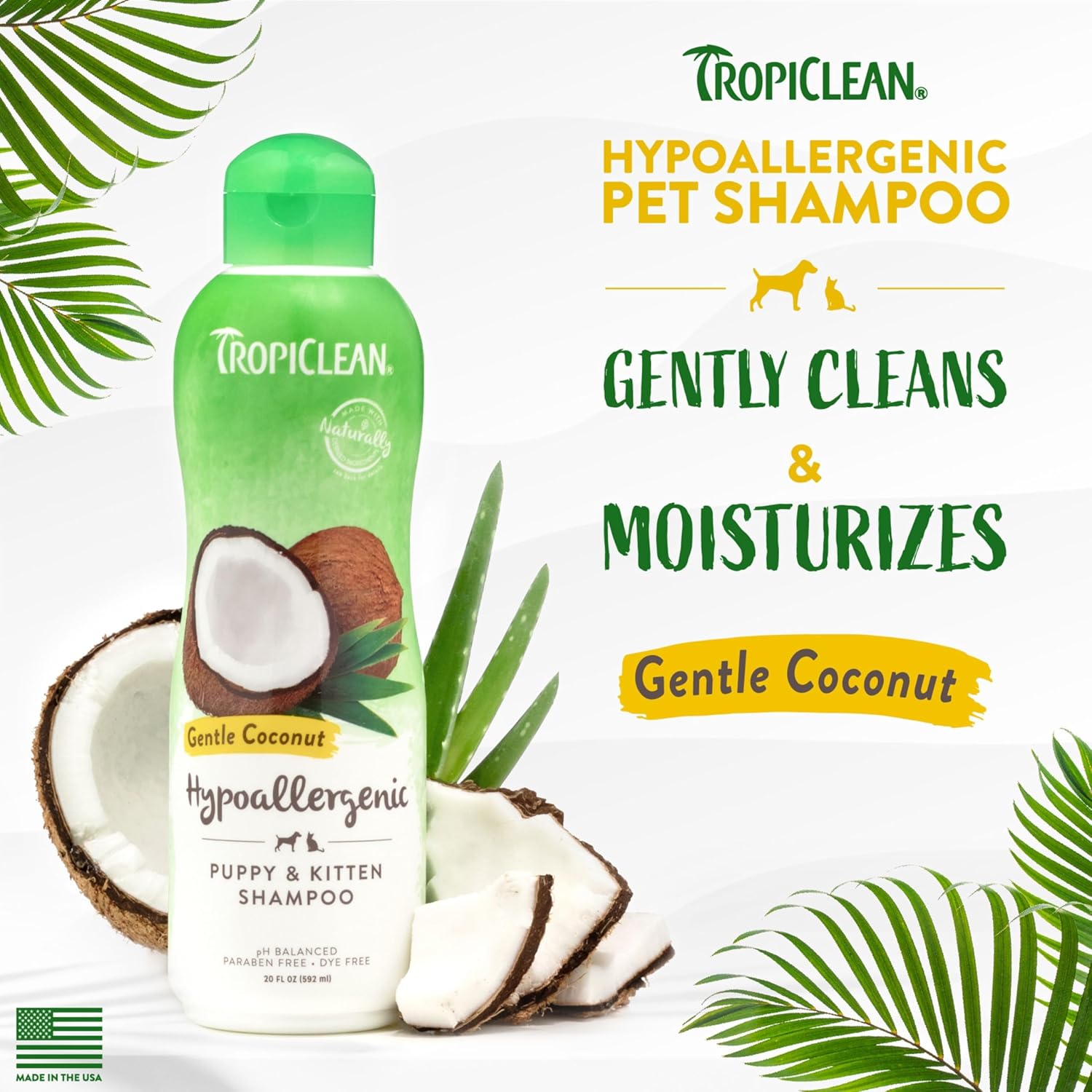 TropiClean Dog Shampoo Grooming Supplies - Hypoallergenic Puppy & Kitten Shampoo Gentle Cleansing for Sensitive Skin - Derived from Natural Ingredients - Used by Groomers - Gentle Coconut, 355ml